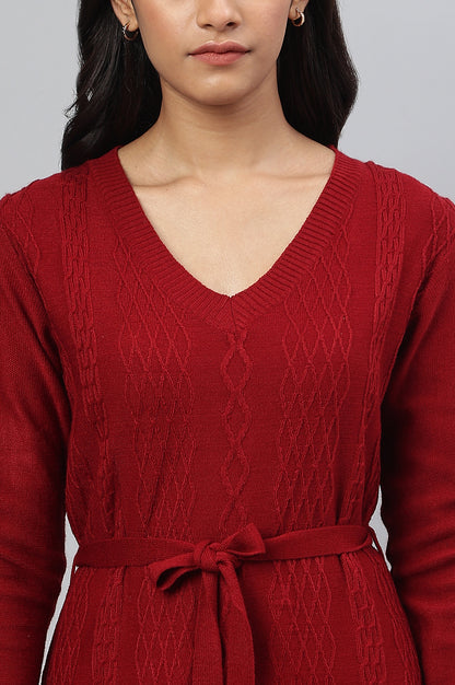 Red A-Line Plus Size Winter kurta With Belt