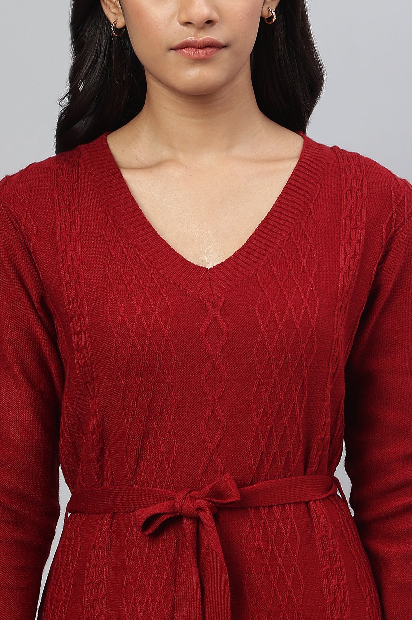 Red A-line Winter kurta with Belt