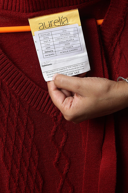 Red A-line Winter kurta with Belt