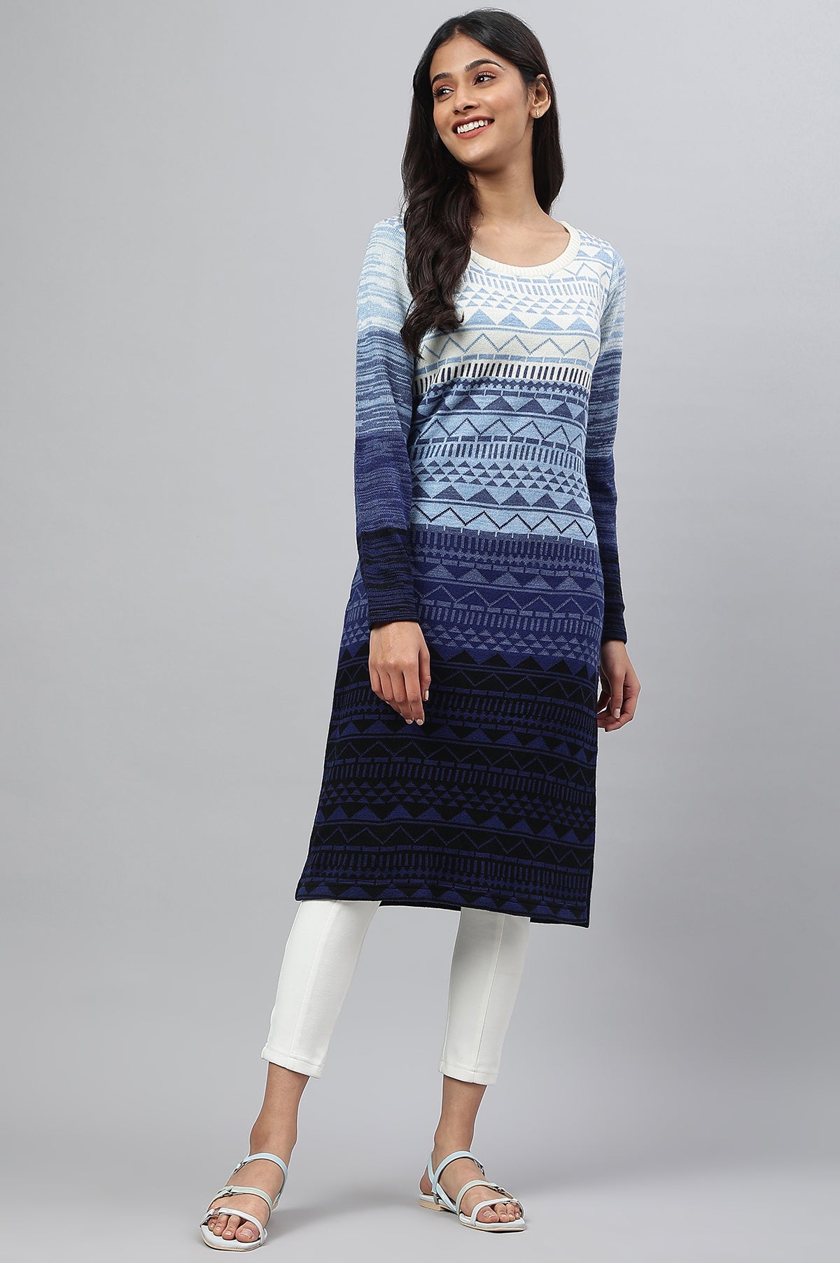 Blue Yarn-Dyed Acrylic Charm Plus Size kurta - 3XL
