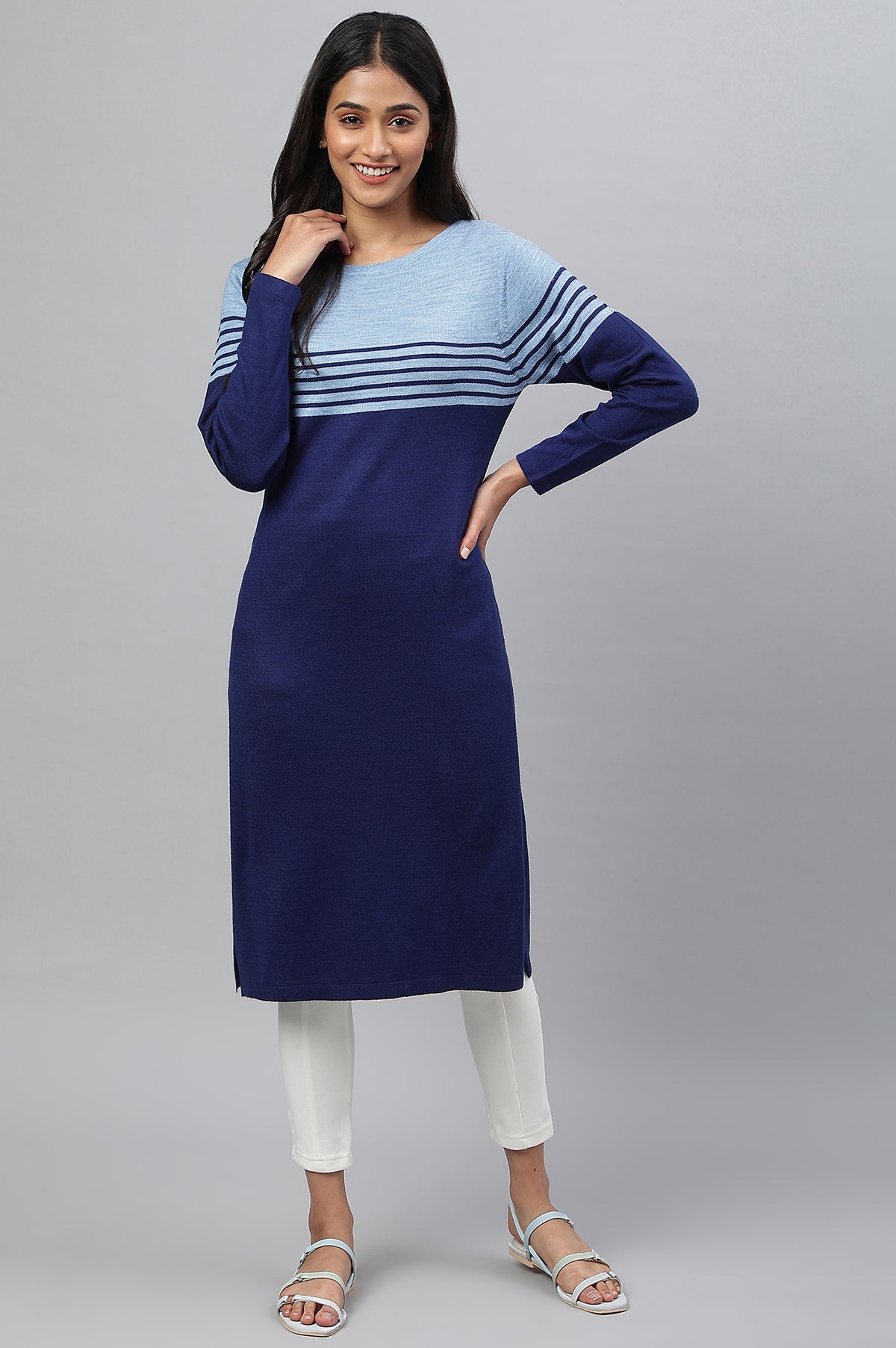 Blue Colour Blocked Plus Size Winter kurta - 3XL