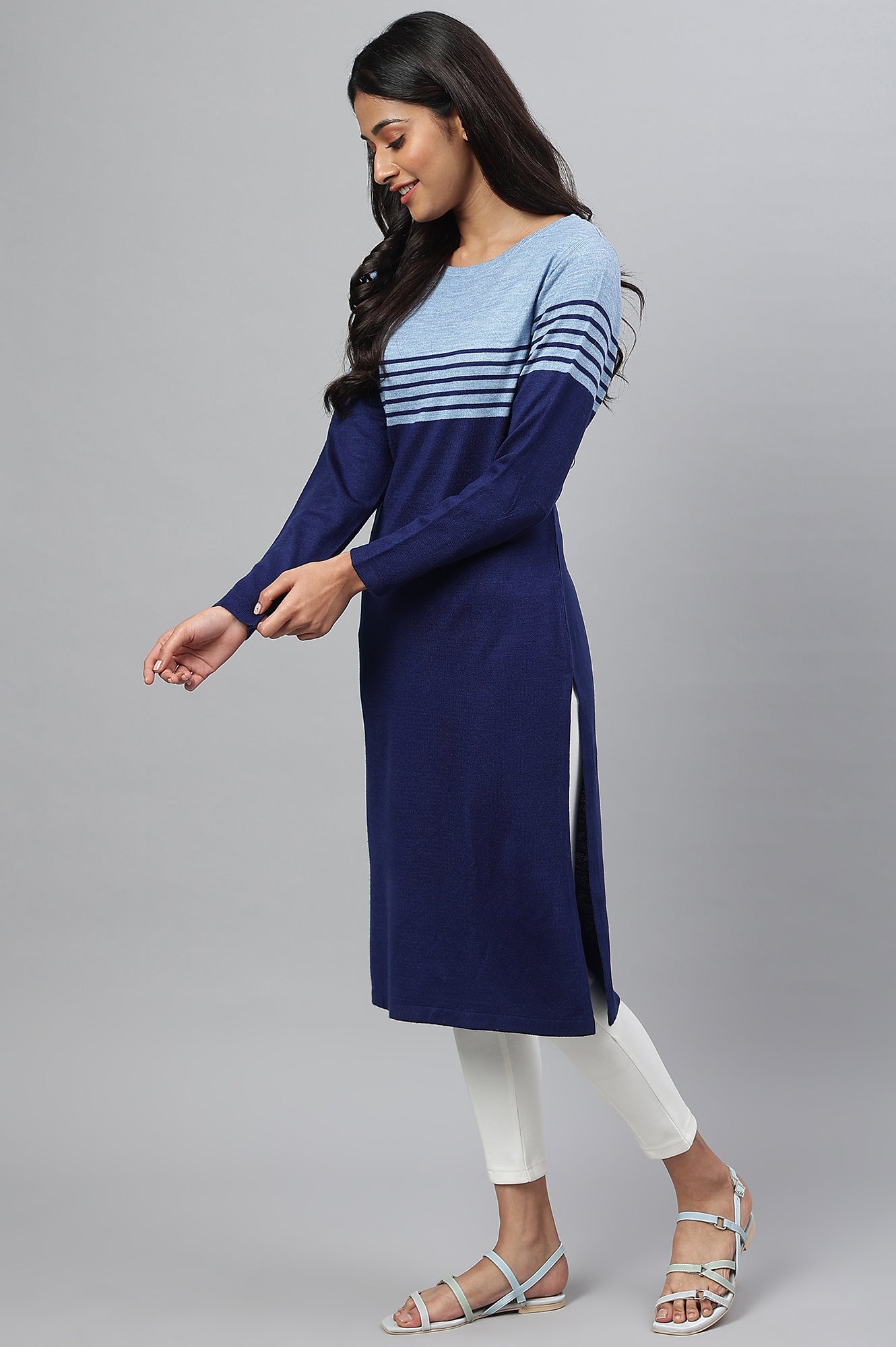 Blue Colour Blocked Plus Size Winter kurta