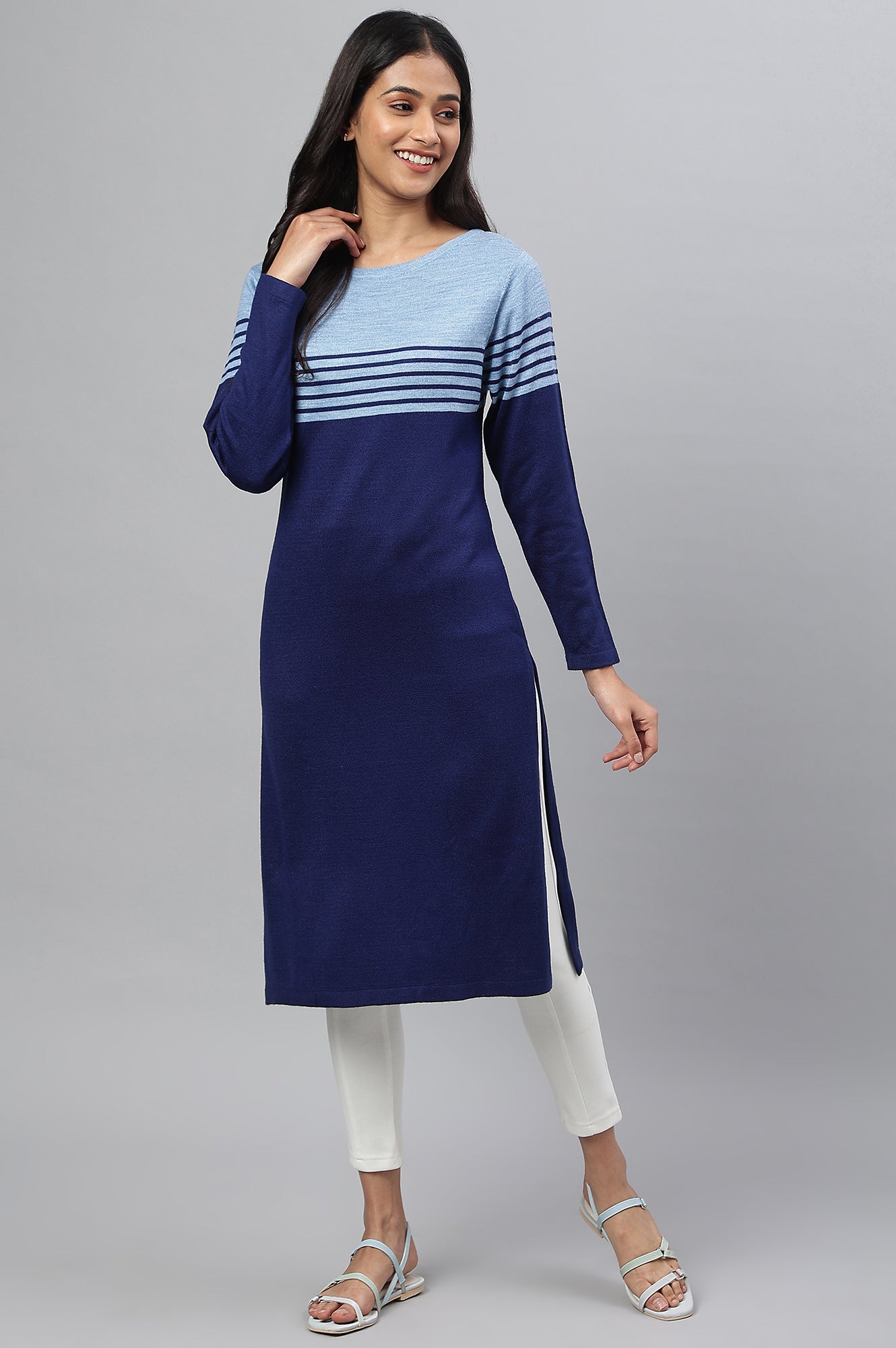 Blue Colour Blocked Plus Size Winter kurta