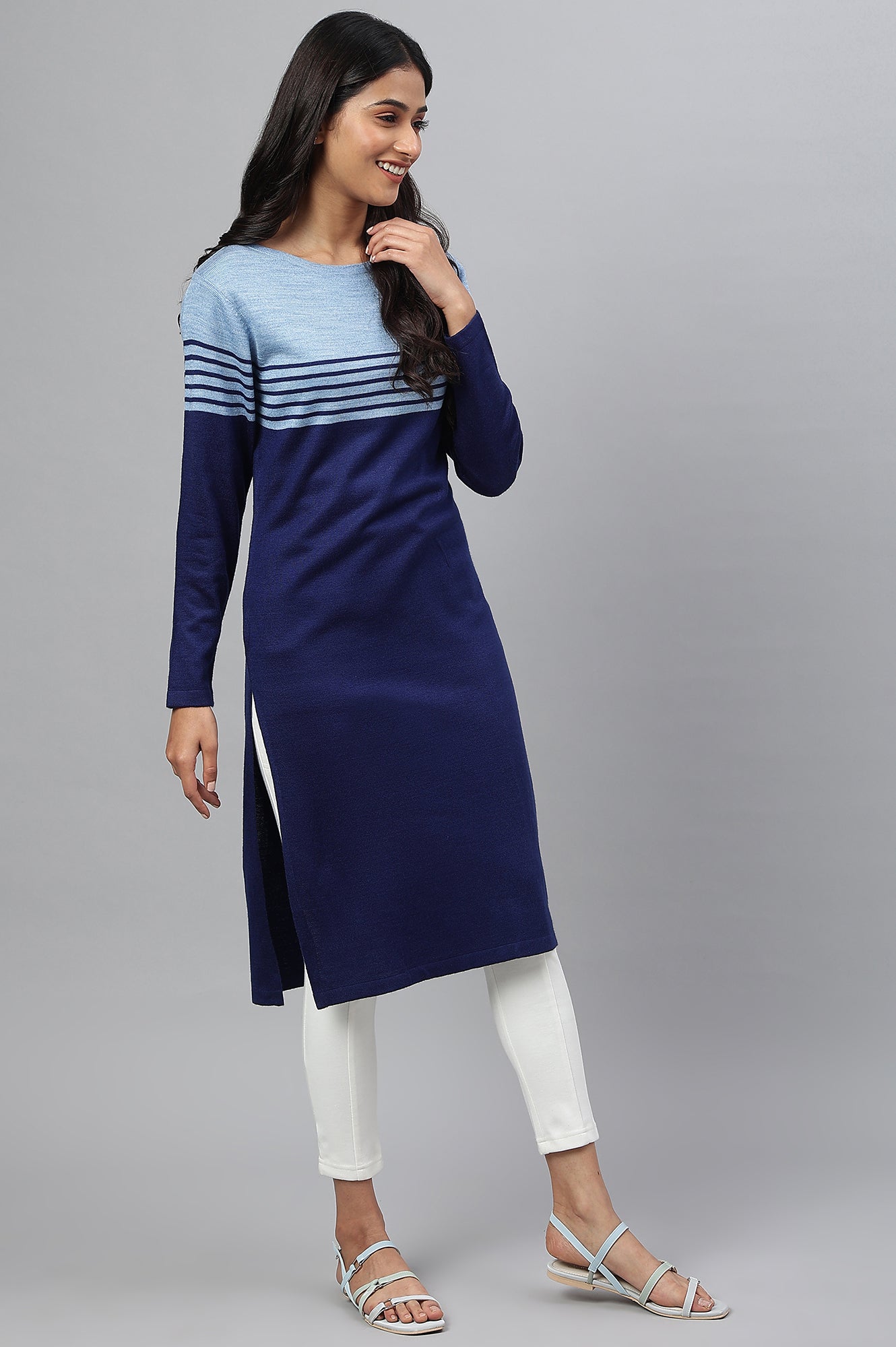 Blue Colour Blocked Plus Size Winter kurta