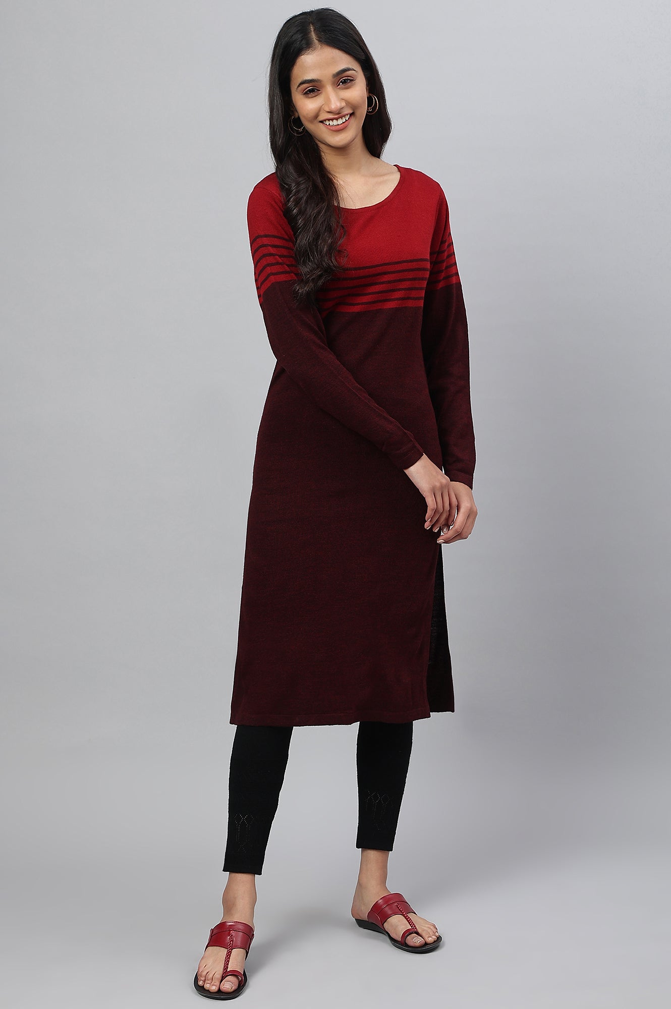 Maroon Colour Blocked Plus Size Winter kurta