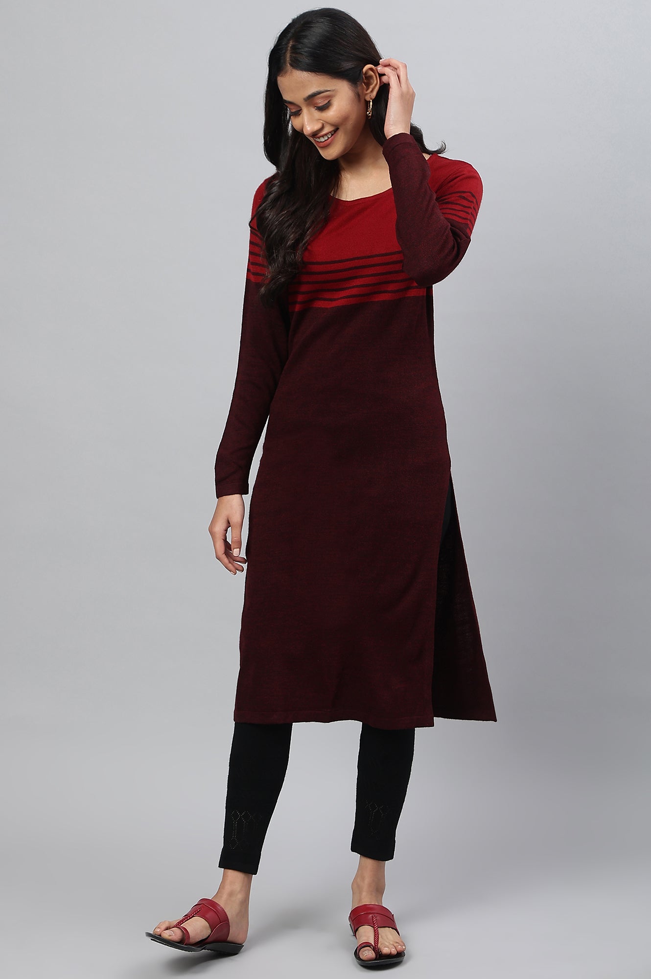 Maroon Colour Blocked Plus Size Winter kurta