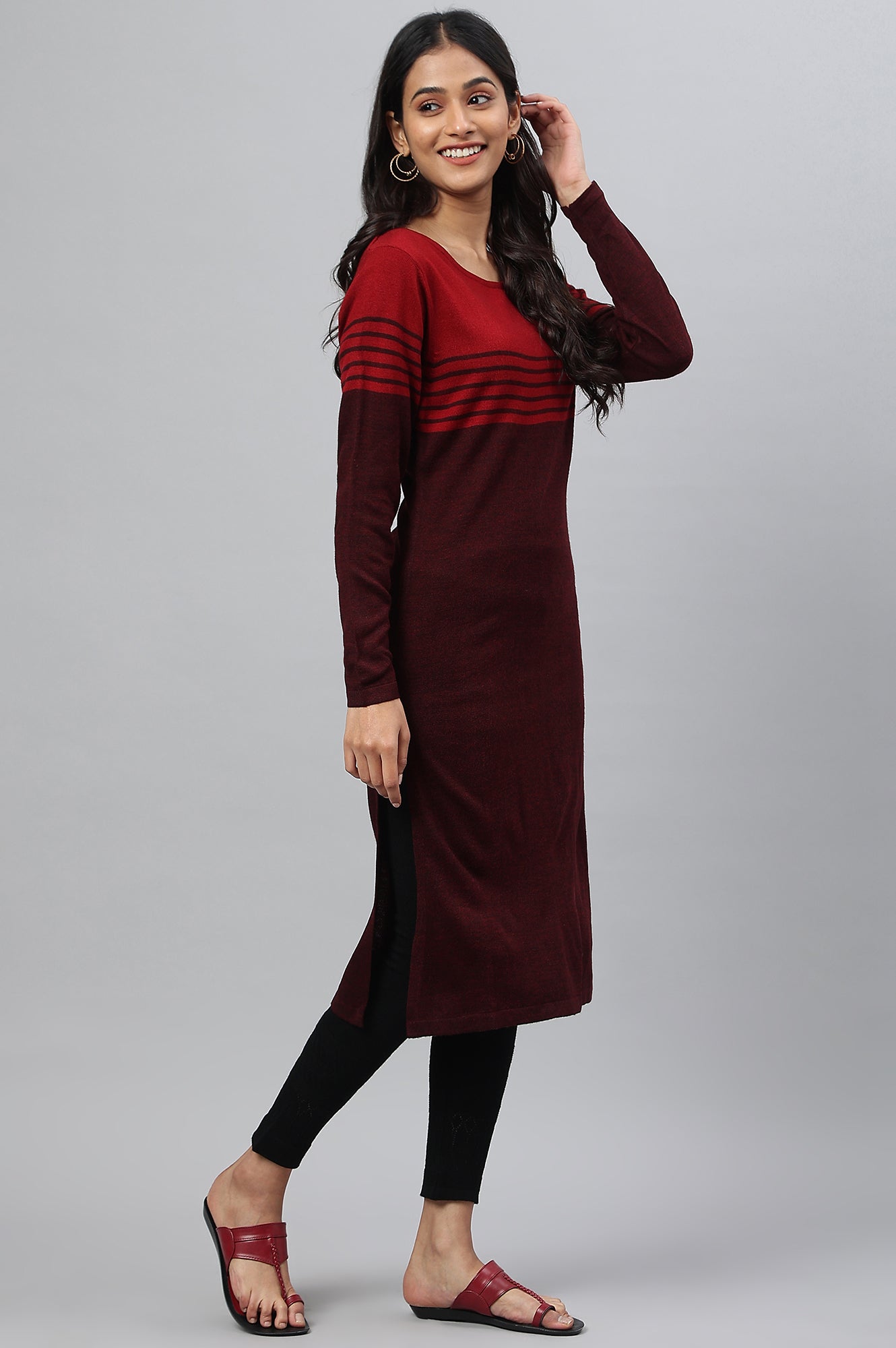 Maroon Colour Blocked Plus Size Winter kurta