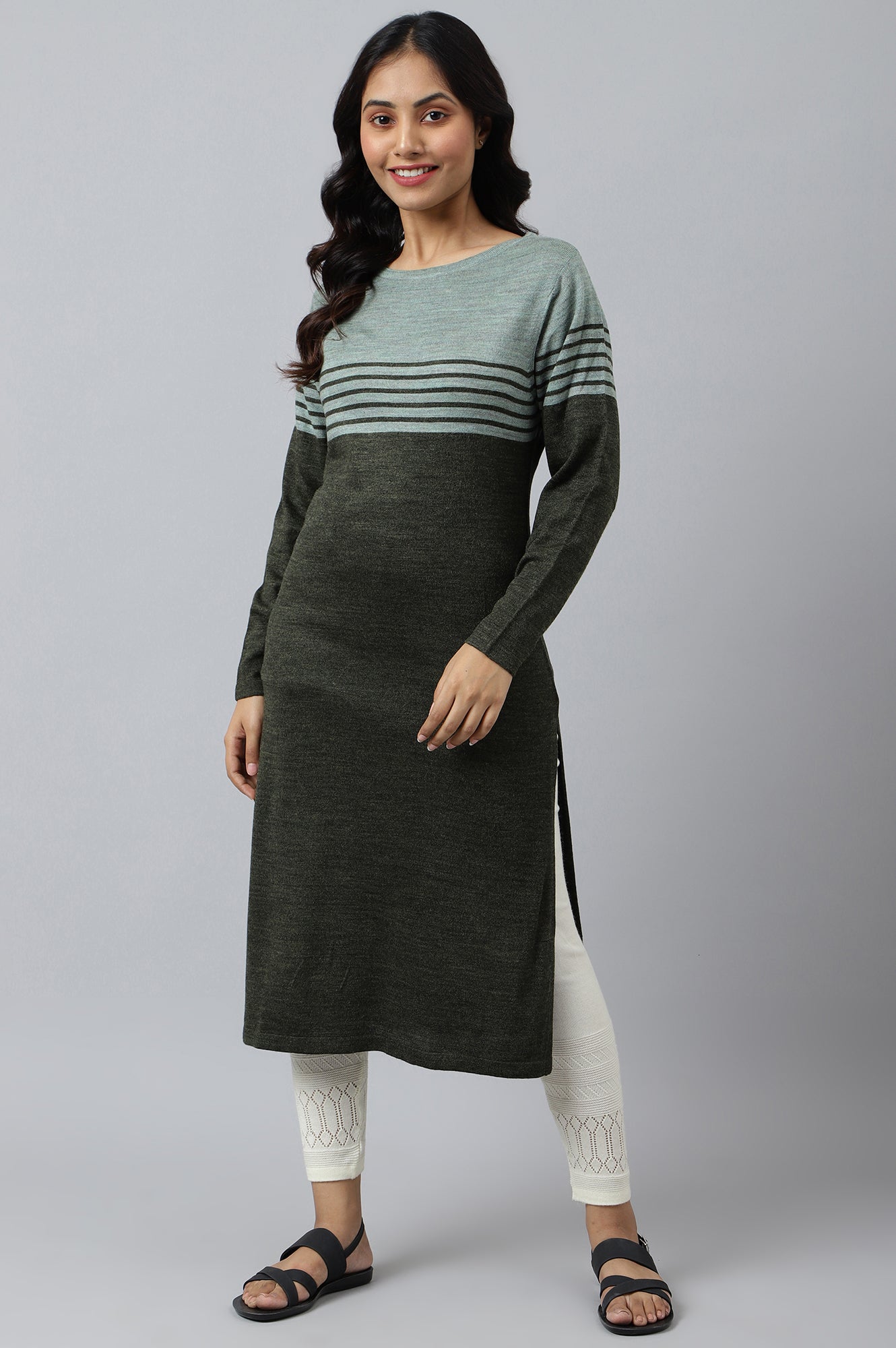 Green Colour Blocked Plus Size Winter kurta