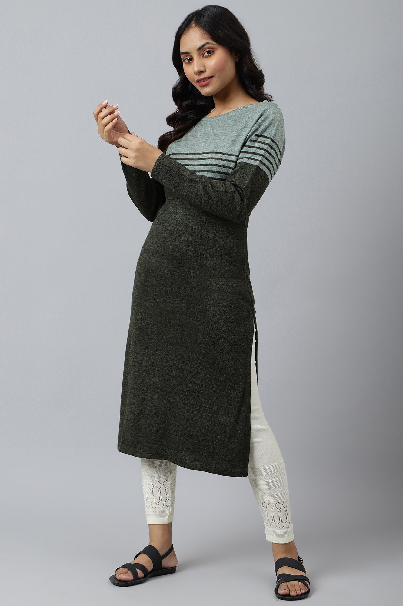 Green Colour Blocked Plus Size Winter kurta