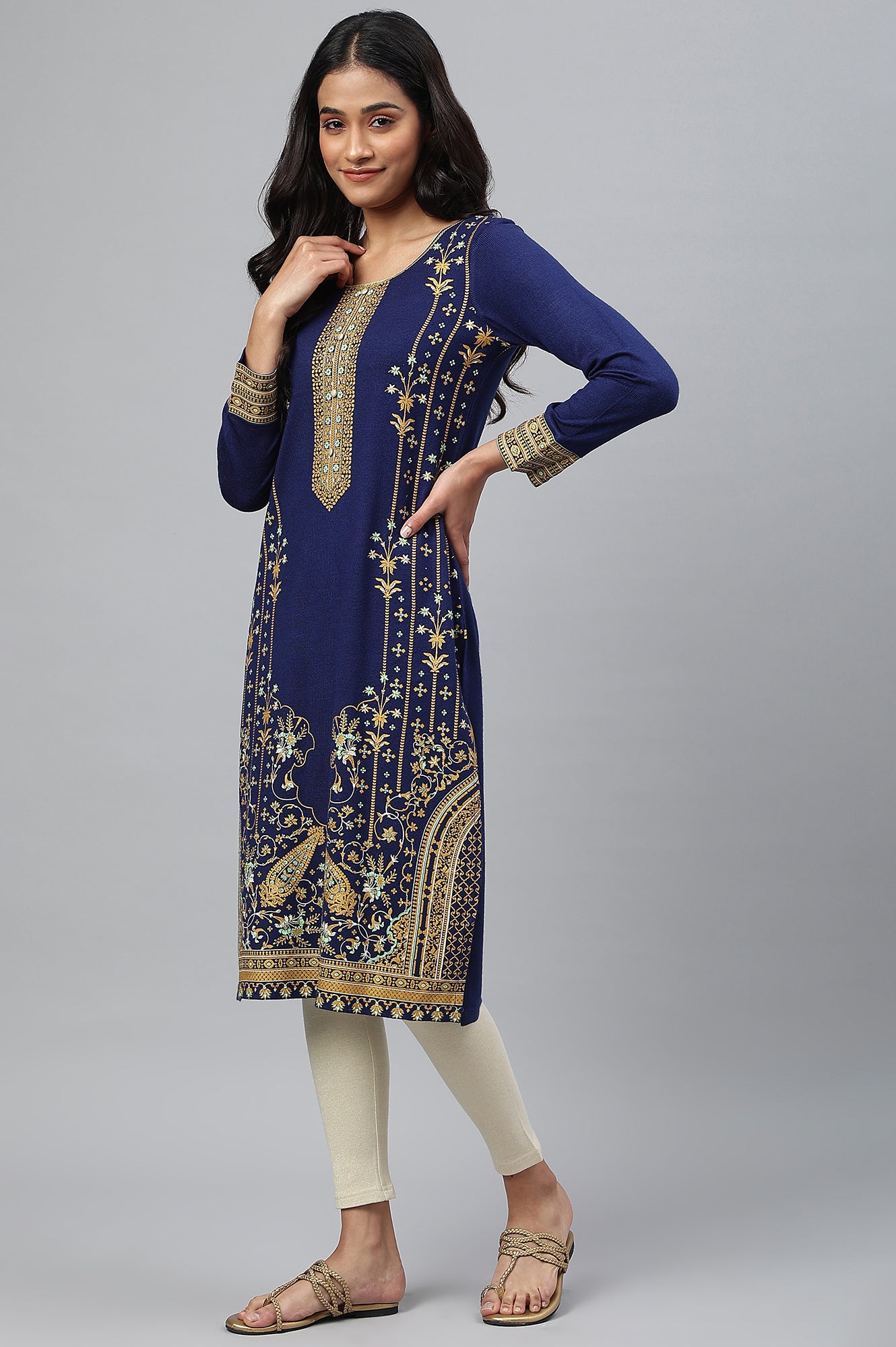 Blue Placement Print Winter kurta