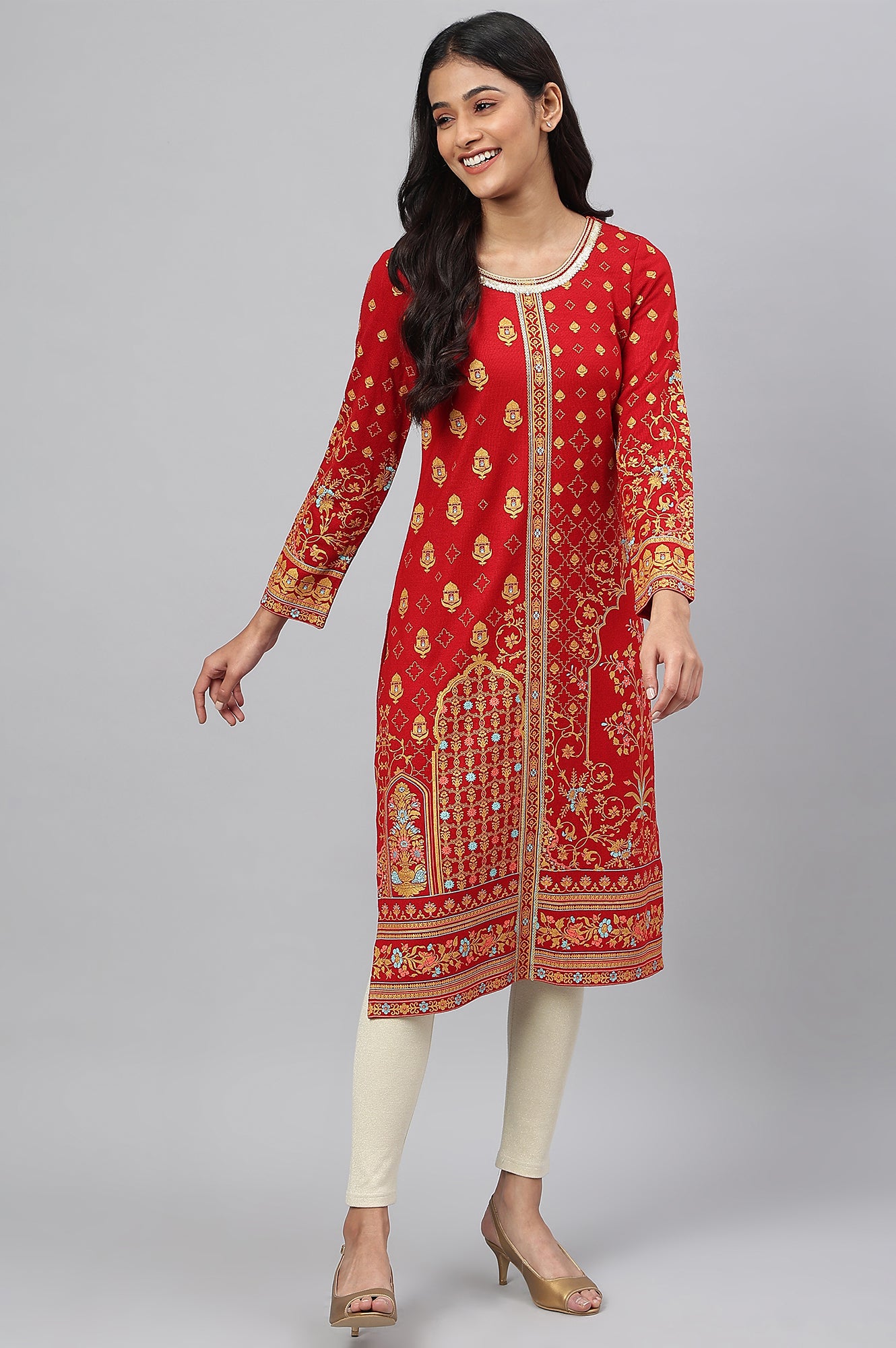 Red Statement Printed Winter kurta