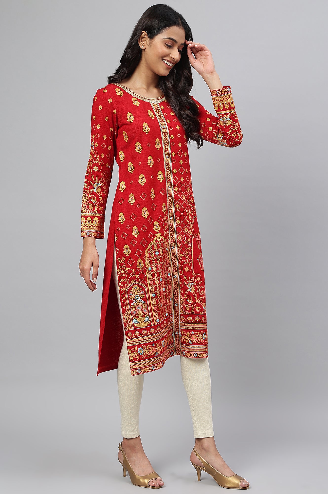 Red Statement Printed Winter kurta