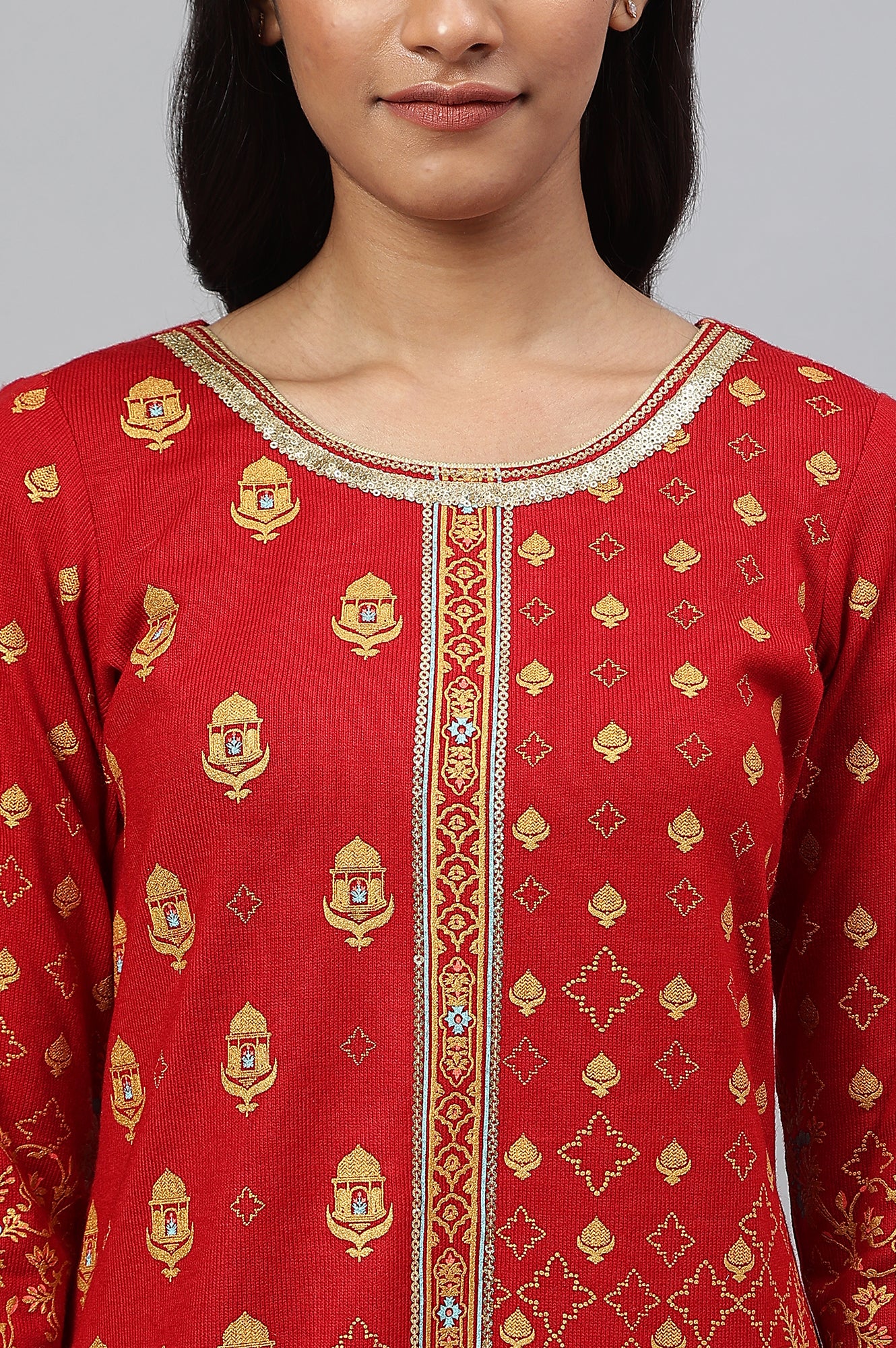 Red Statement Printed Winter kurta