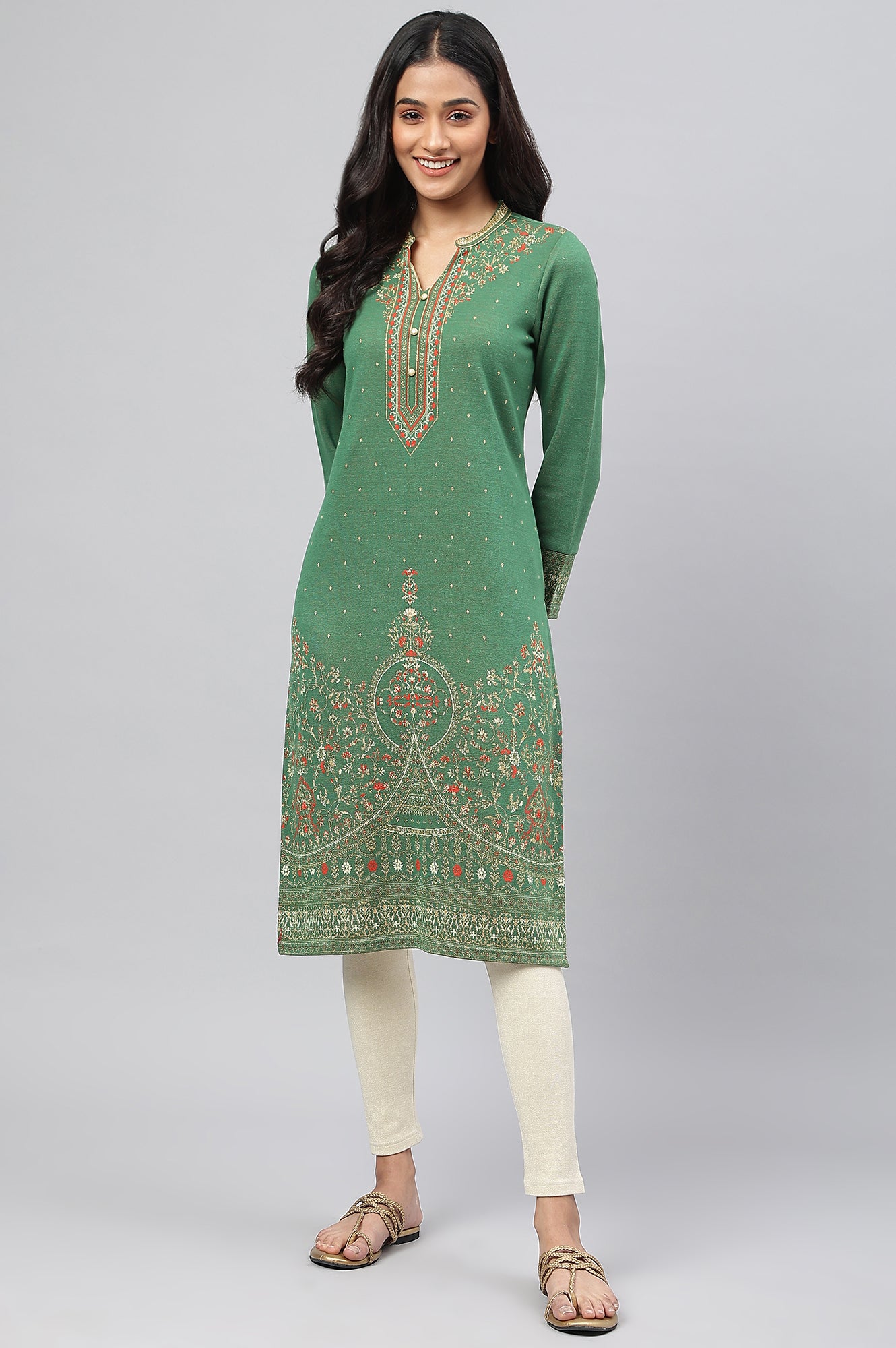 Green Jacquard Winter kurta