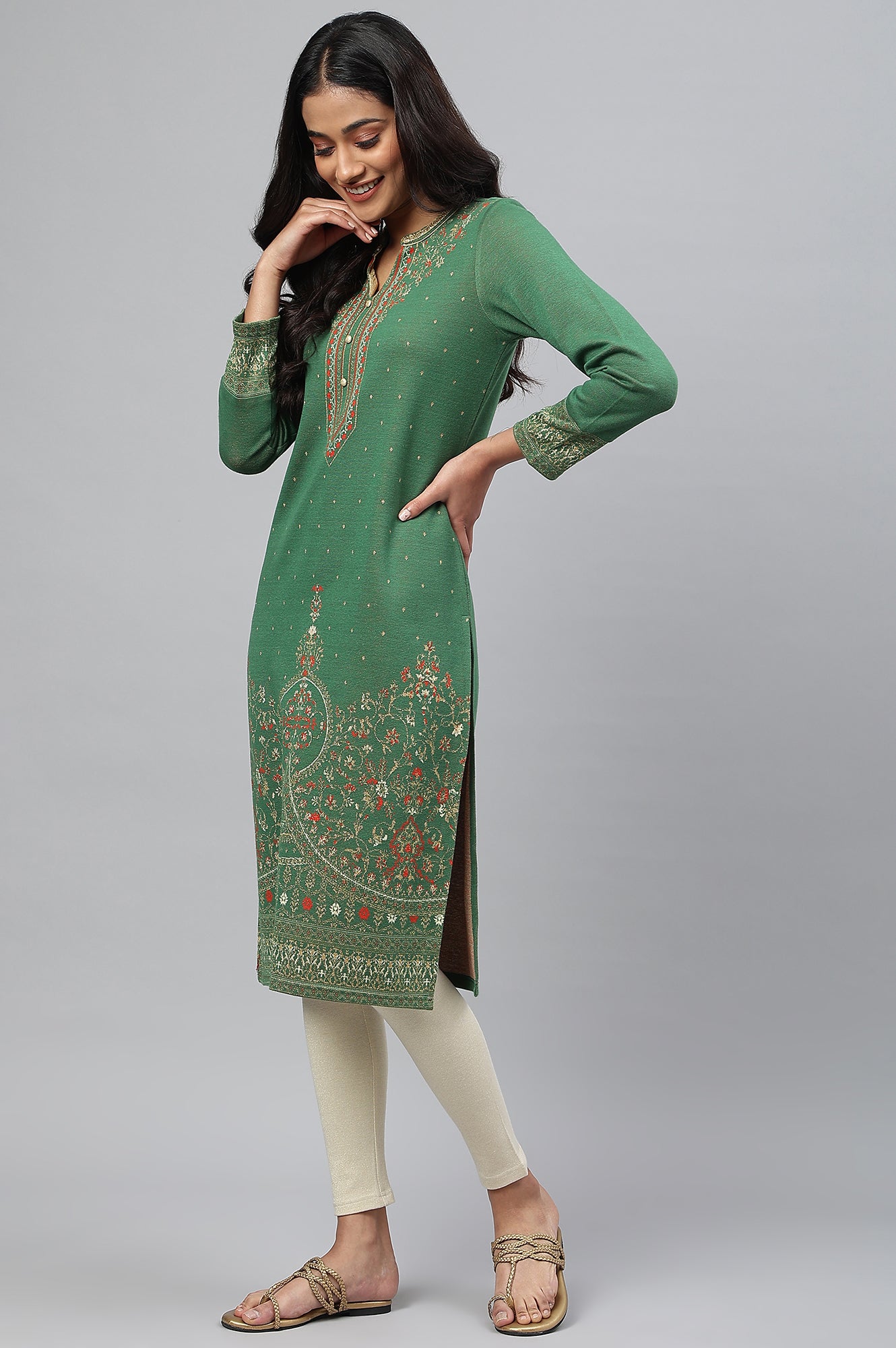 Green Jacquard Winter kurta