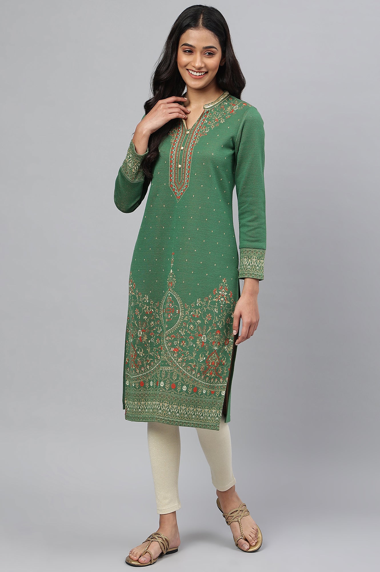 Green Jacquard Winter kurta