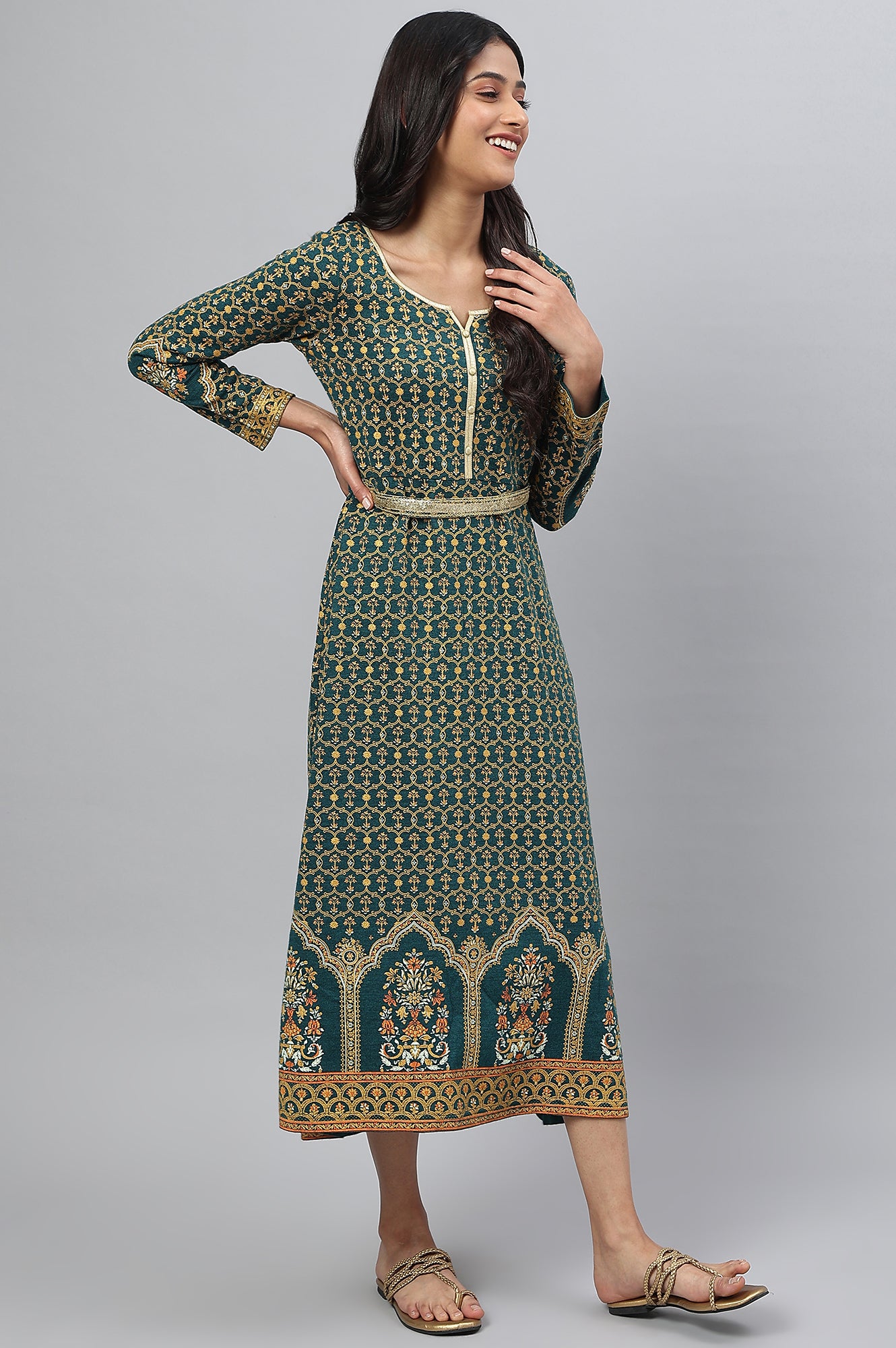 Green Floral Print Winter Dress with Sequins Detailing