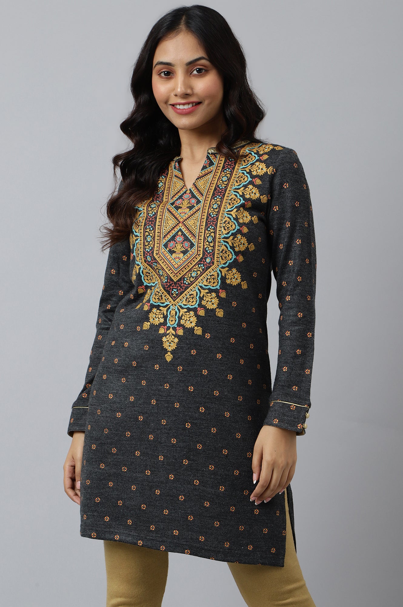 Grey Short kurta with Gold Khadi Print