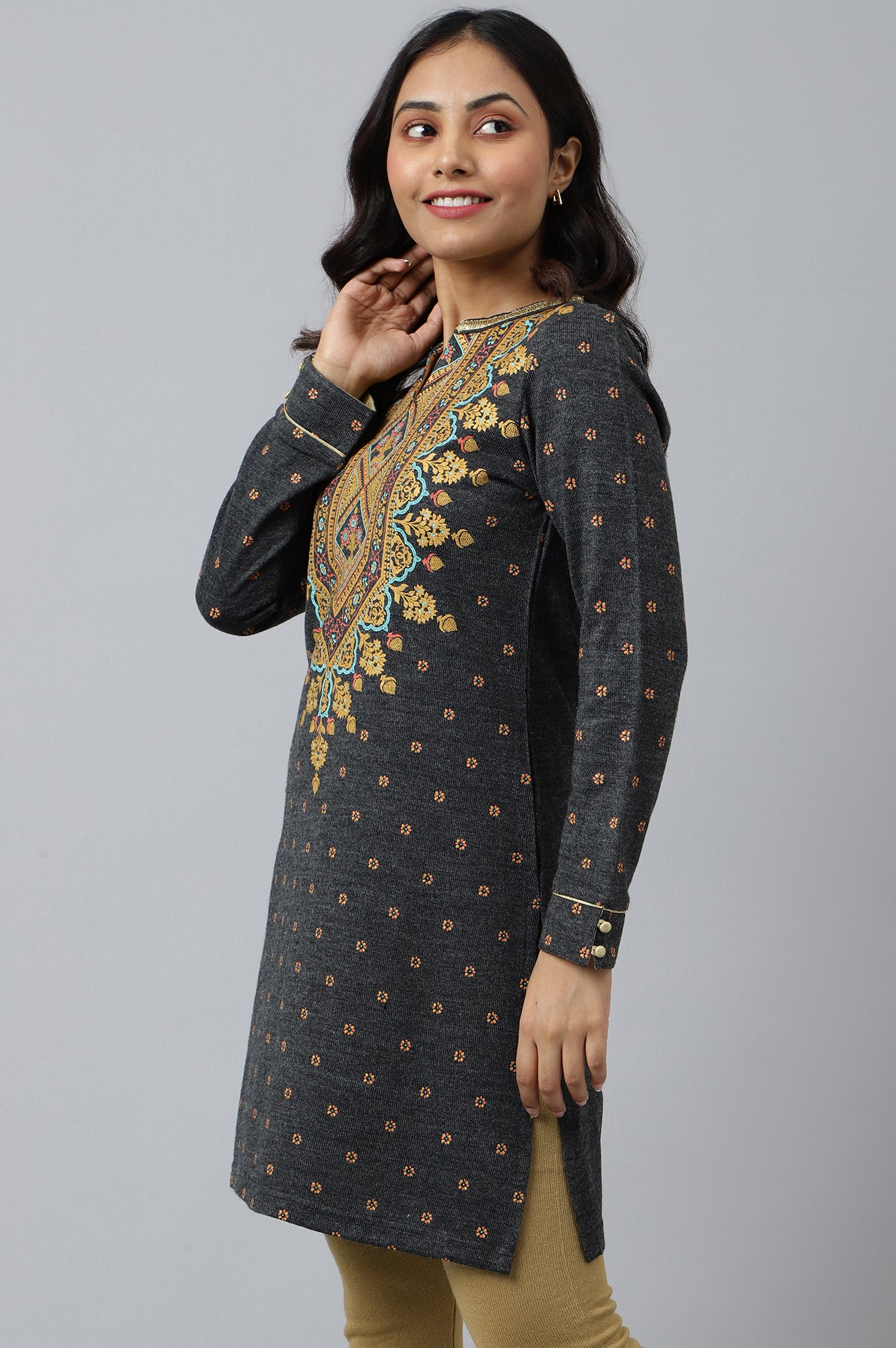 Grey Short kurta with Gold Khadi Print