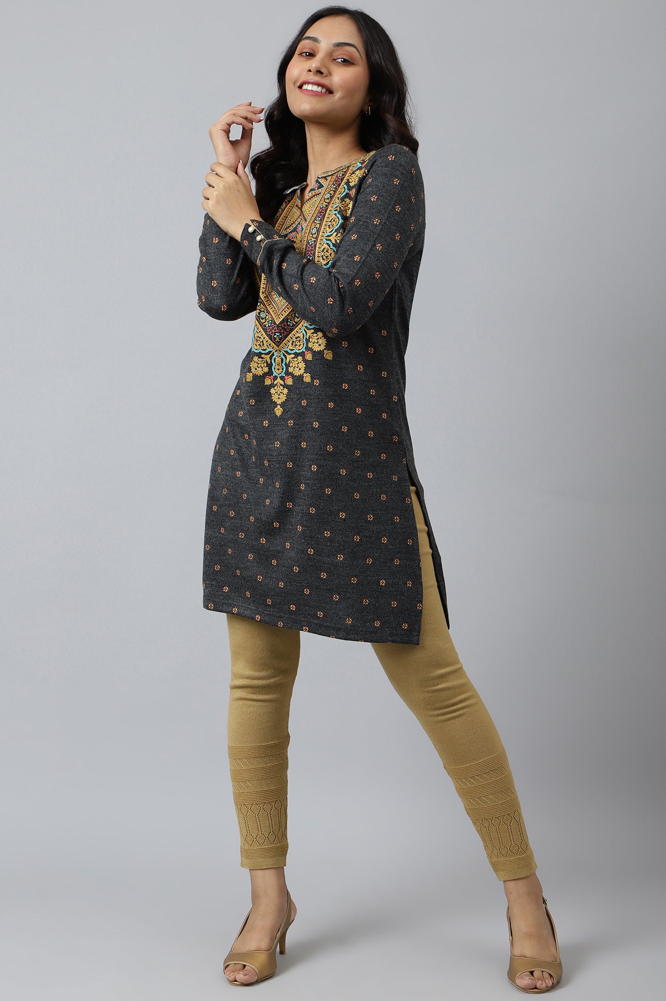 Grey Short kurta with Gold Khadi Print