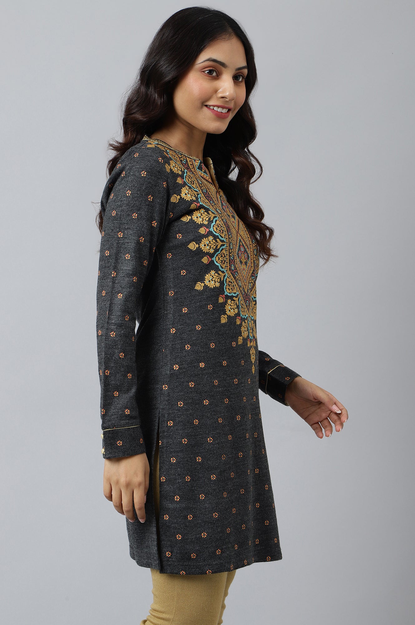 Grey Short kurta with Gold Khadi Print