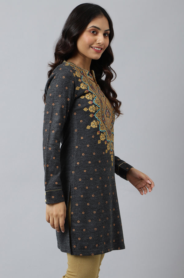 Grey Short kurta with Gold Khadi Print