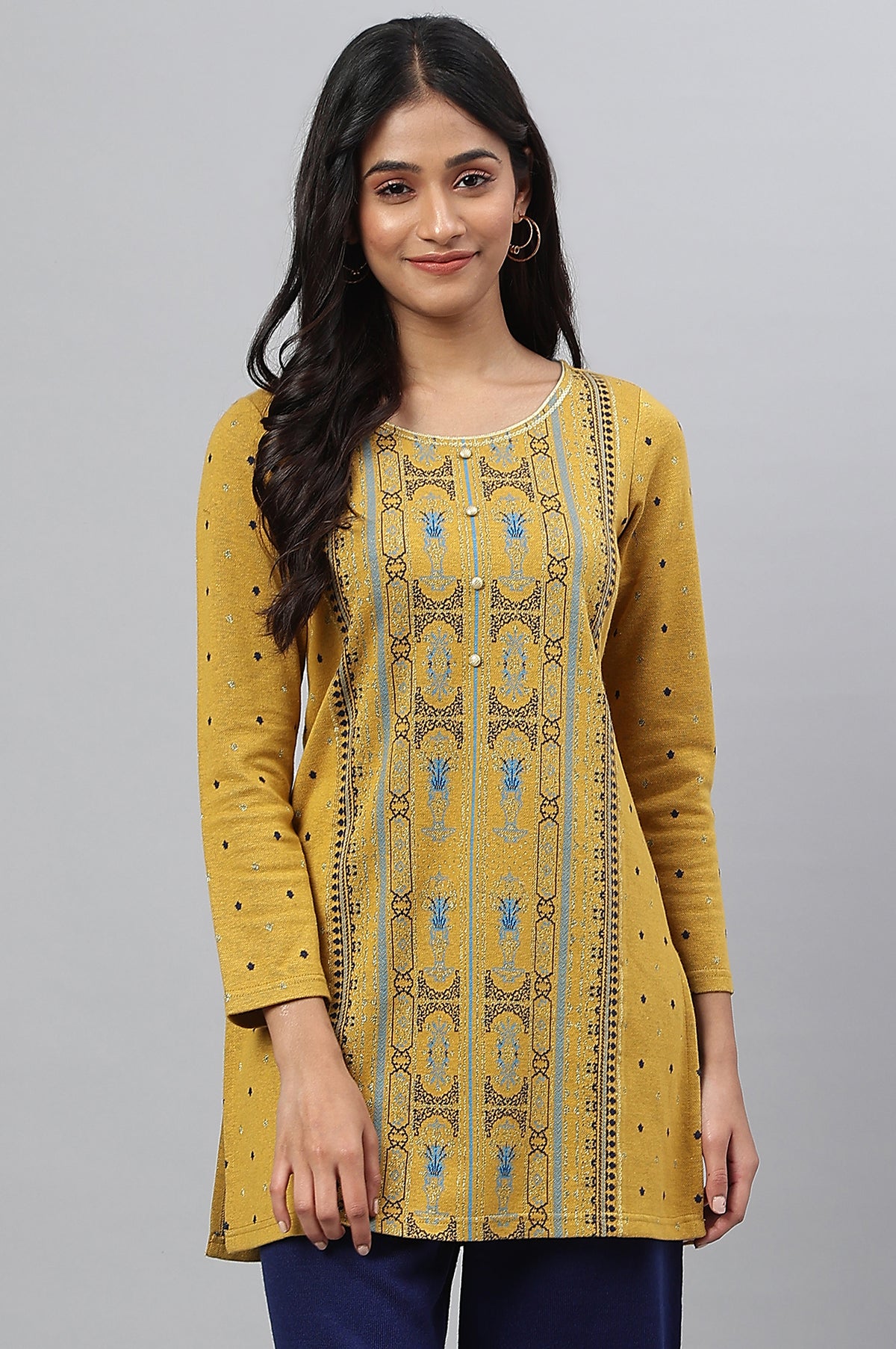 Yellow Jacquard Short kurta - XS