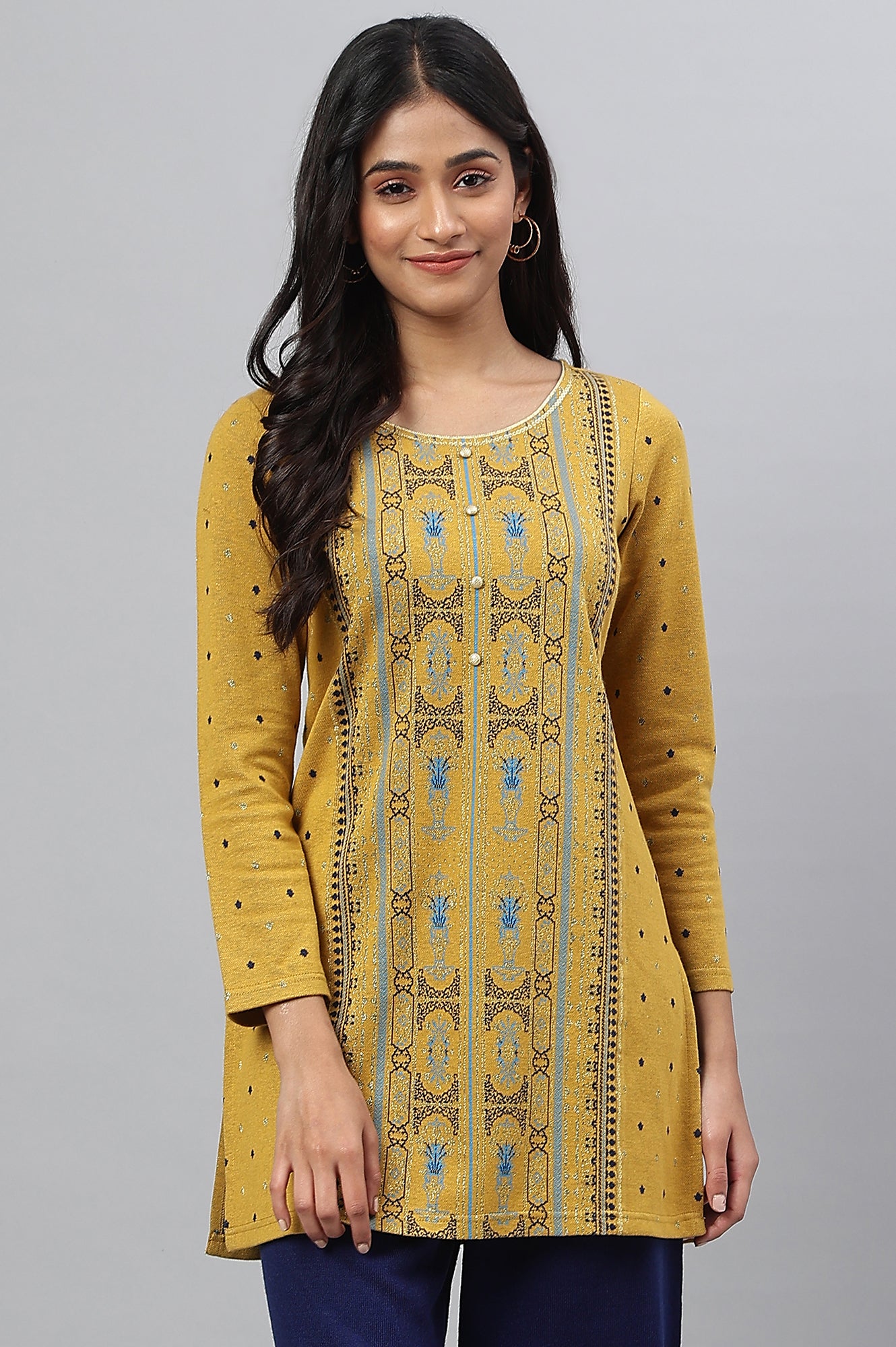 Yellow Jacquard Short kurta