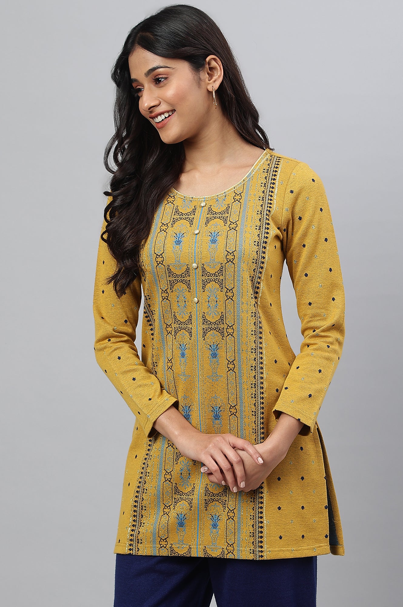 Yellow Jacquard Short kurta