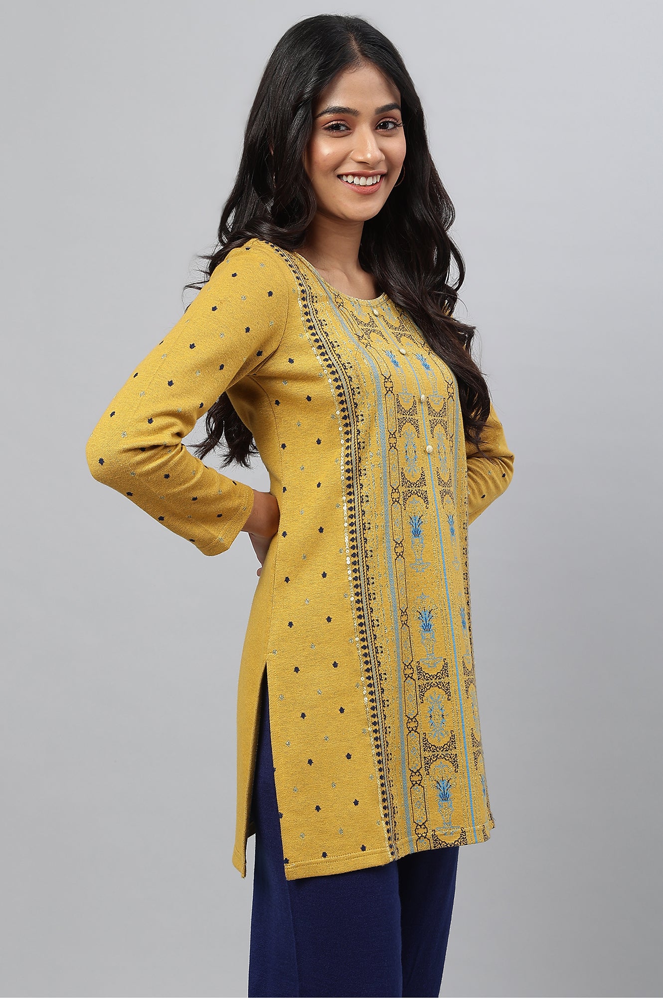 Yellow Jacquard Short kurta