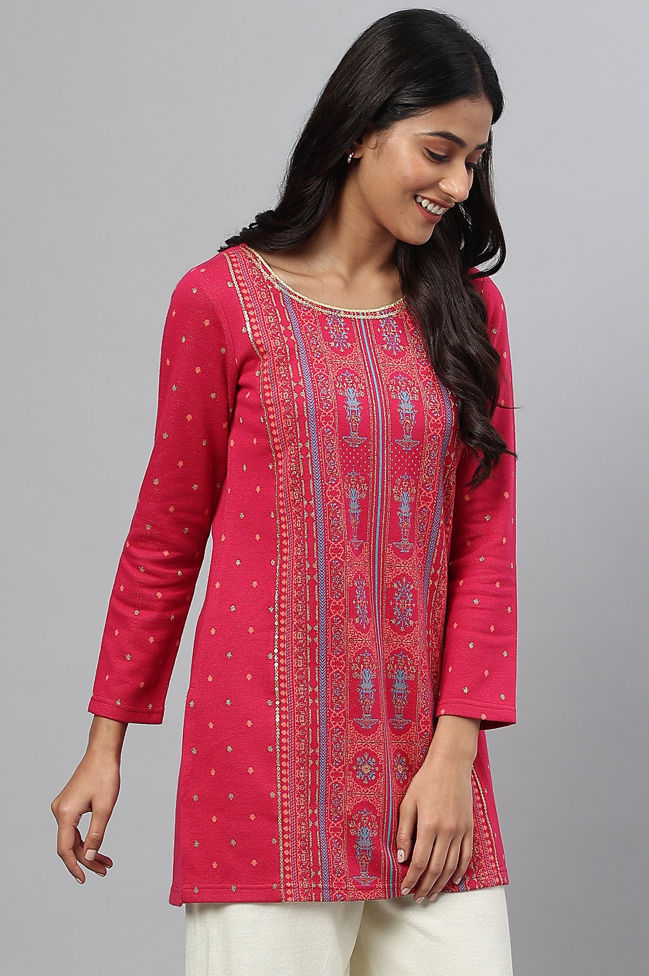 Pink Jacquard Short kurta