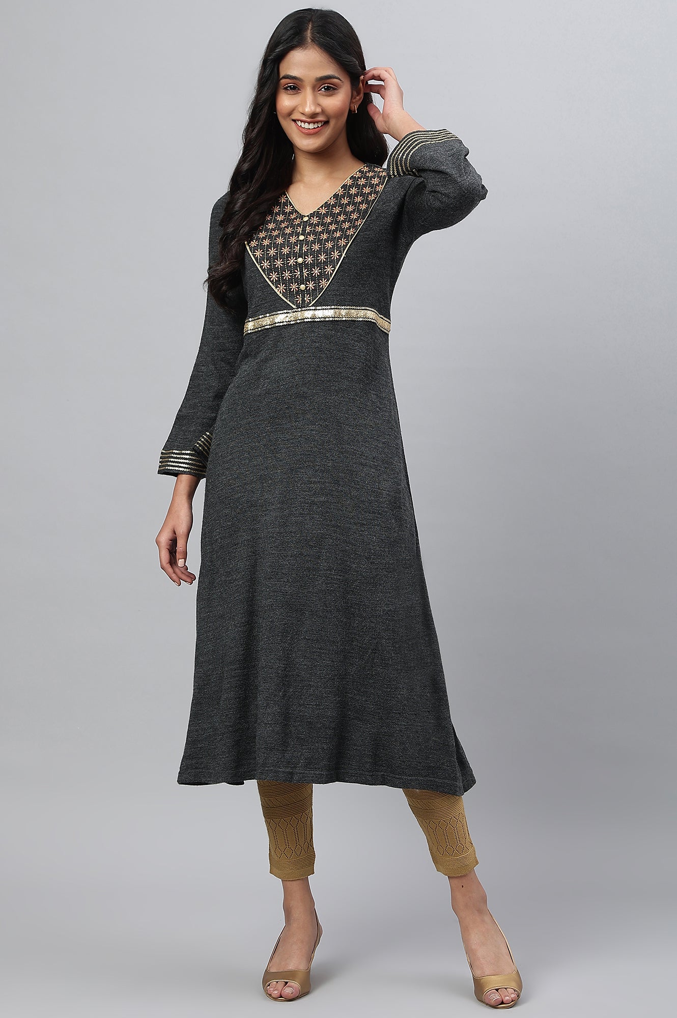 Grey Embroidered A-Line Plus Size Winter Dress