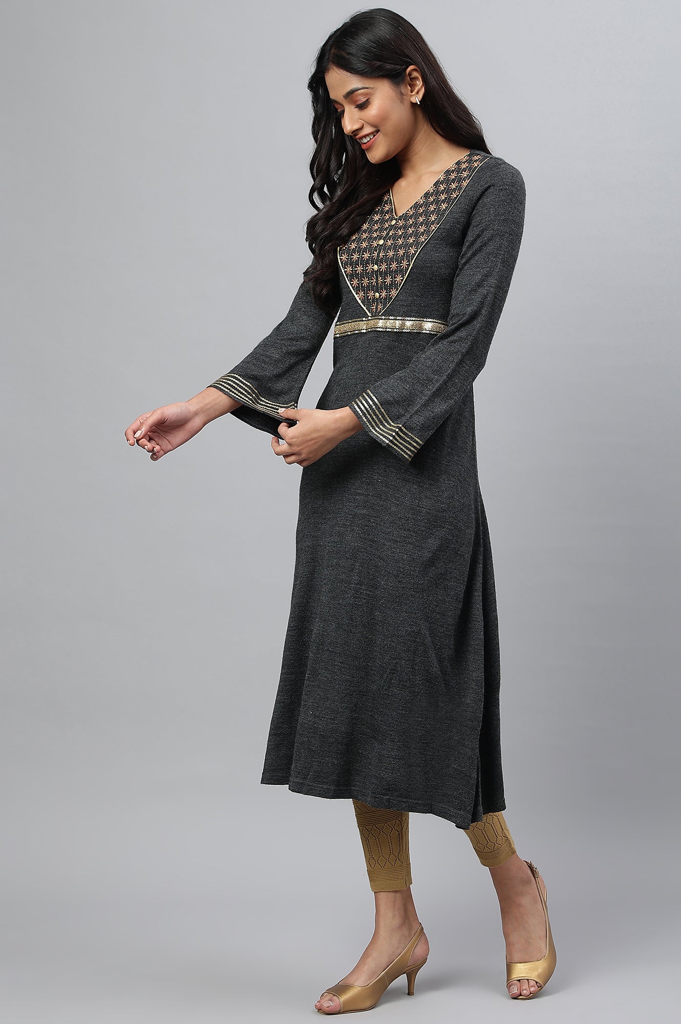 Grey Embroidered A-Line Plus Size Winter Dress