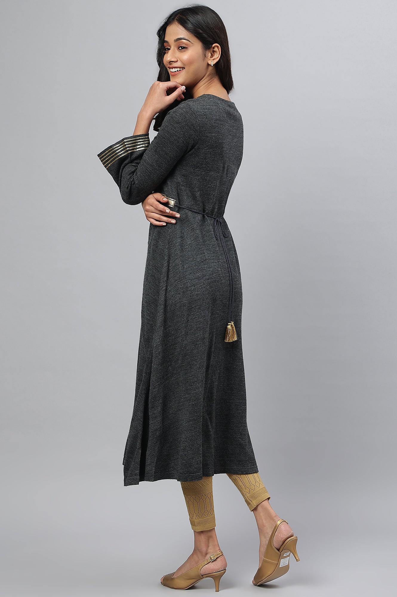 Grey Embroidered A-Line Plus Size Winter Dress