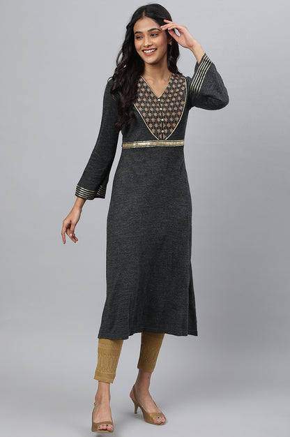 Grey Embroidered A-Line Plus Size Winter Dress