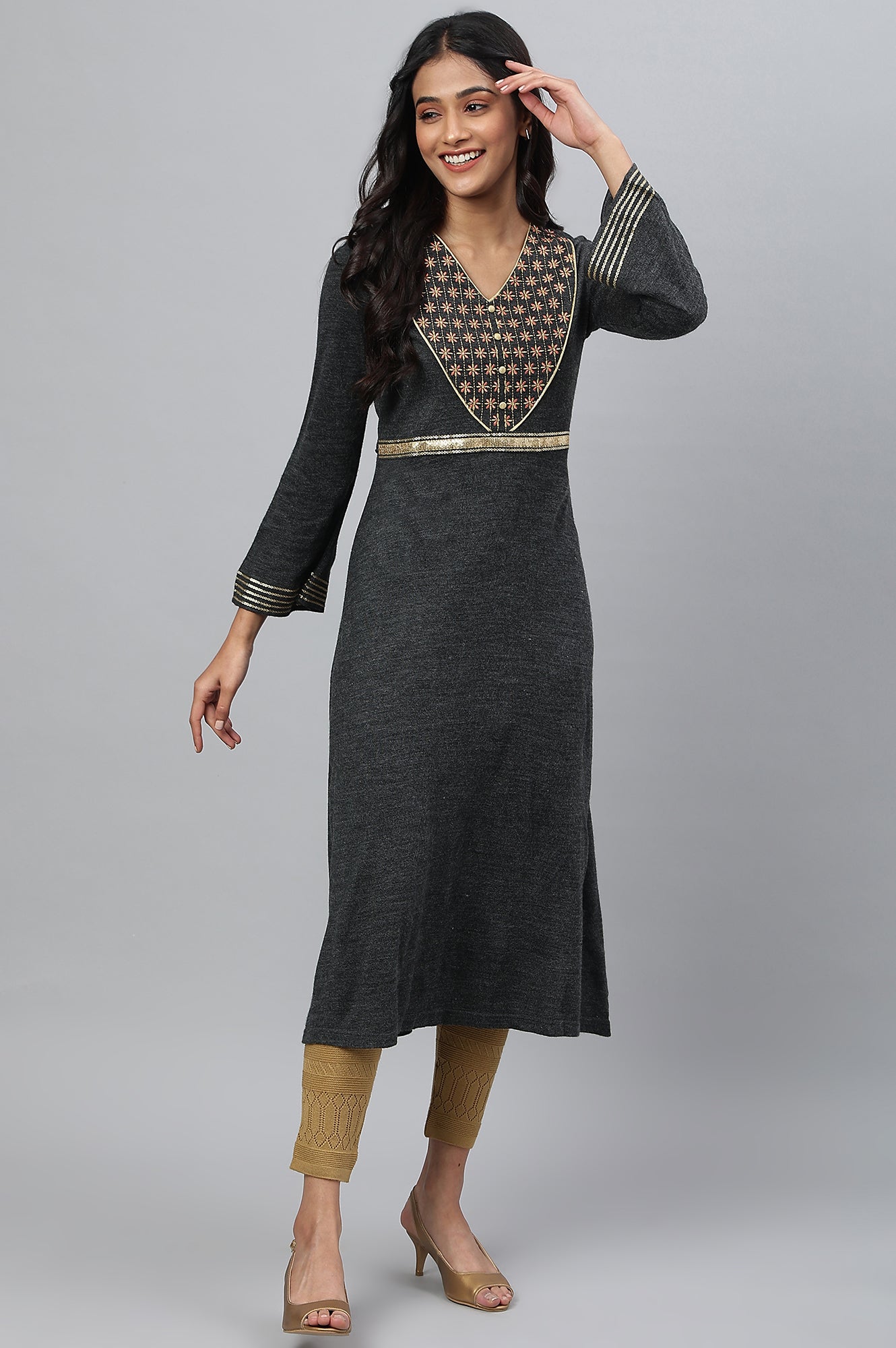 Grey Embroidered A-line Winter Dress