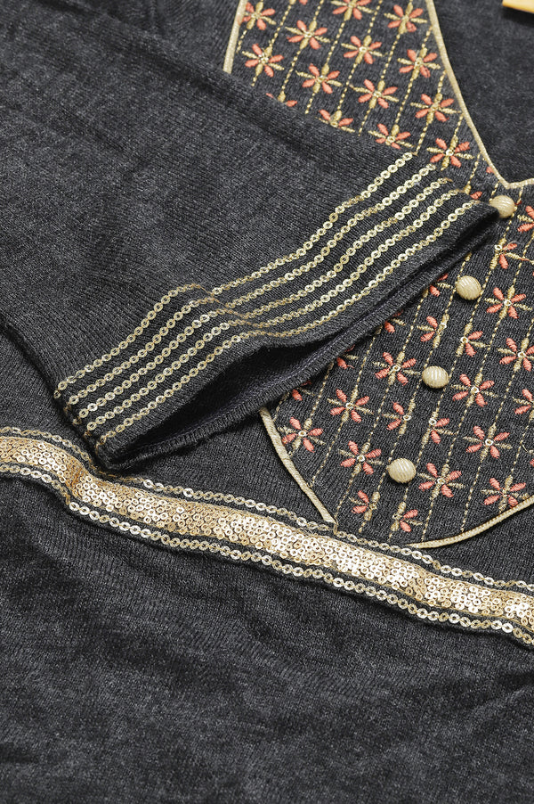 Grey Embroidered A-line Winter Dress