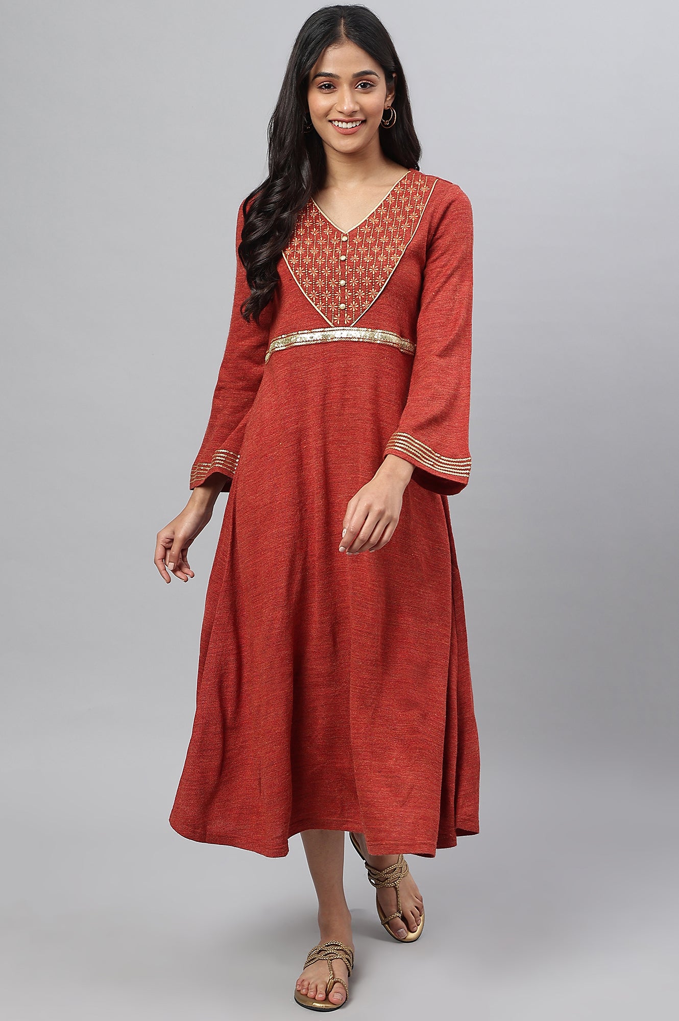 Red Embroidered A-Line Plus Size Winter Dress