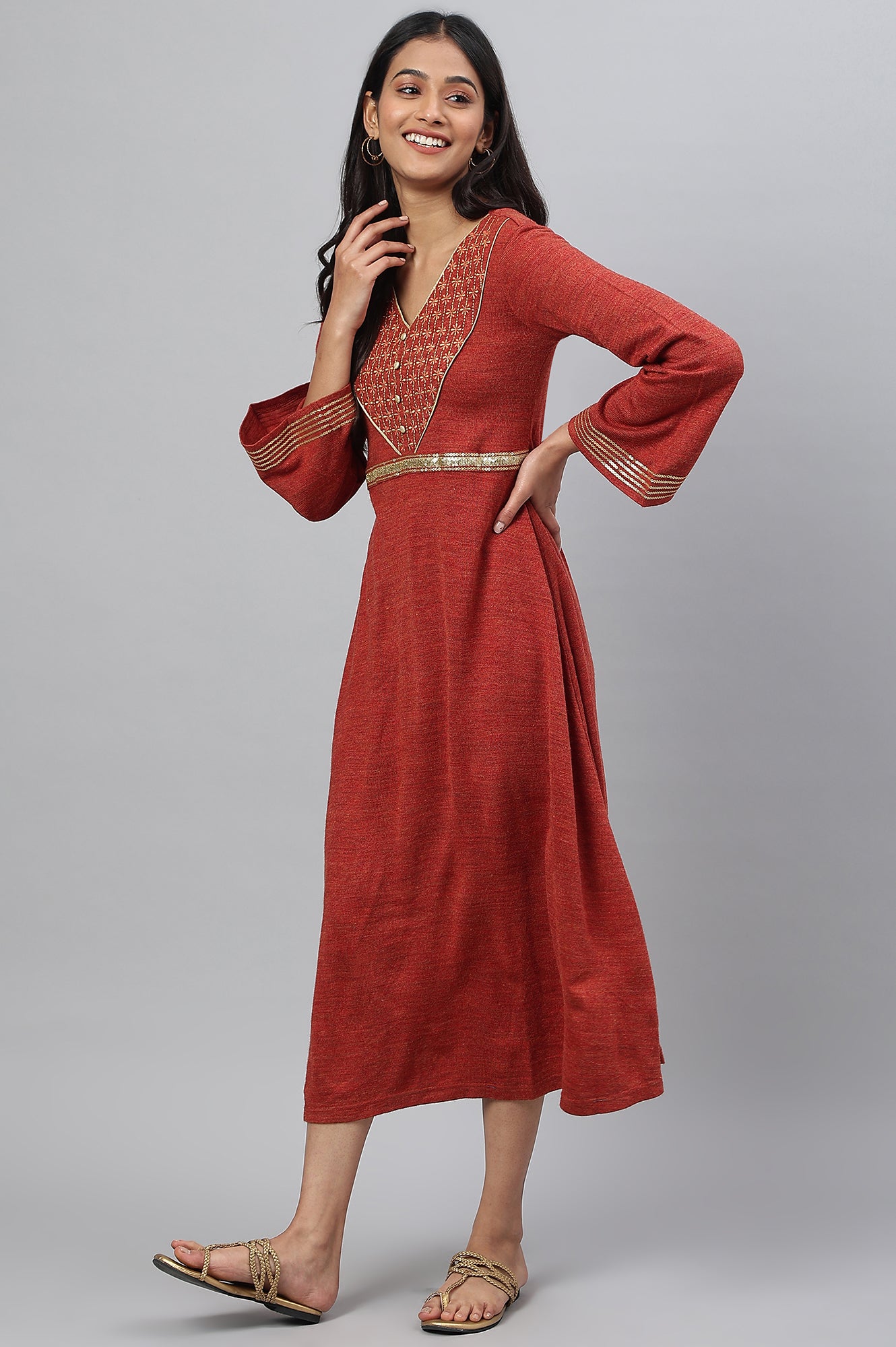 Red Embroidered A-Line Plus Size Winter Dress