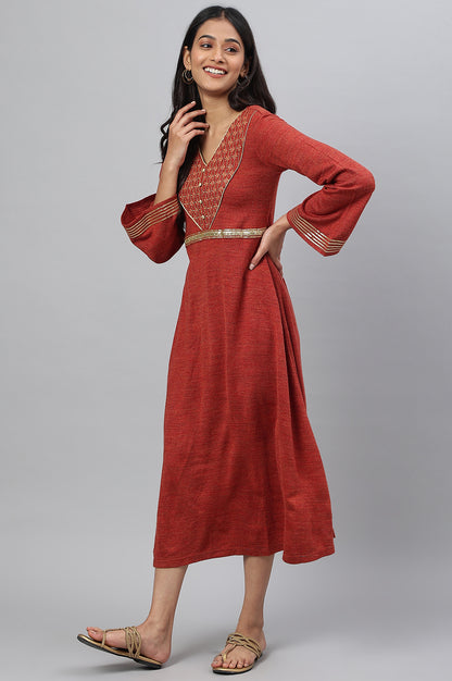 Red Embroidered A-Line Plus Size Winter Dress