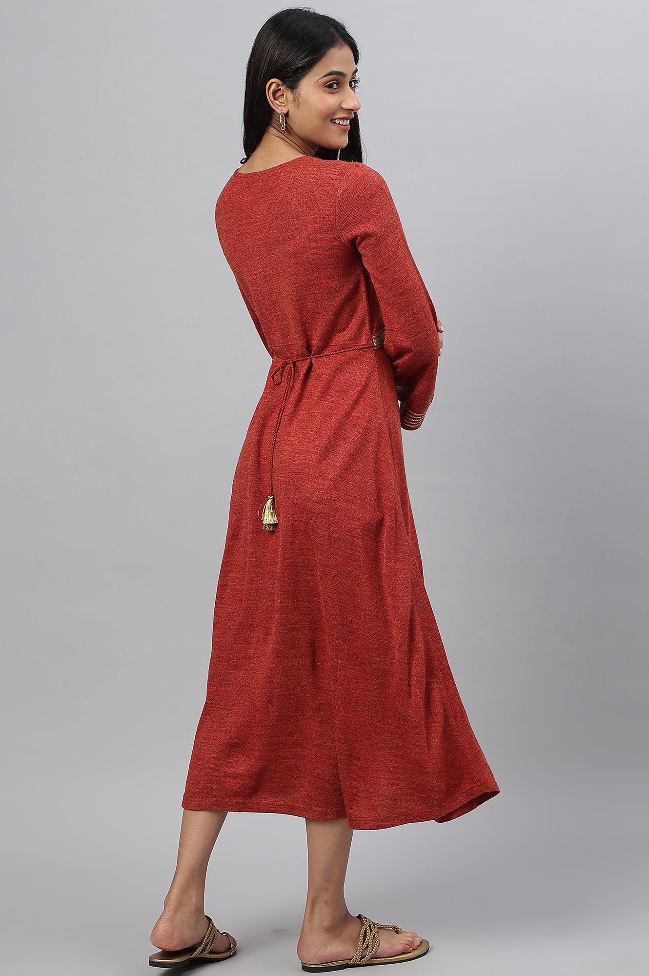 Red Embroidered A-line Winter Dress