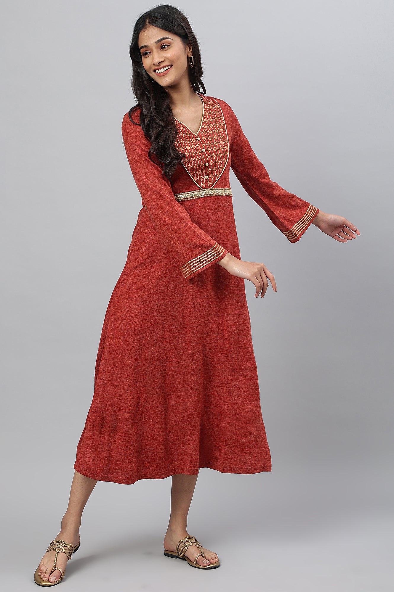 Red Embroidered A-Line Plus Size Winter Dress