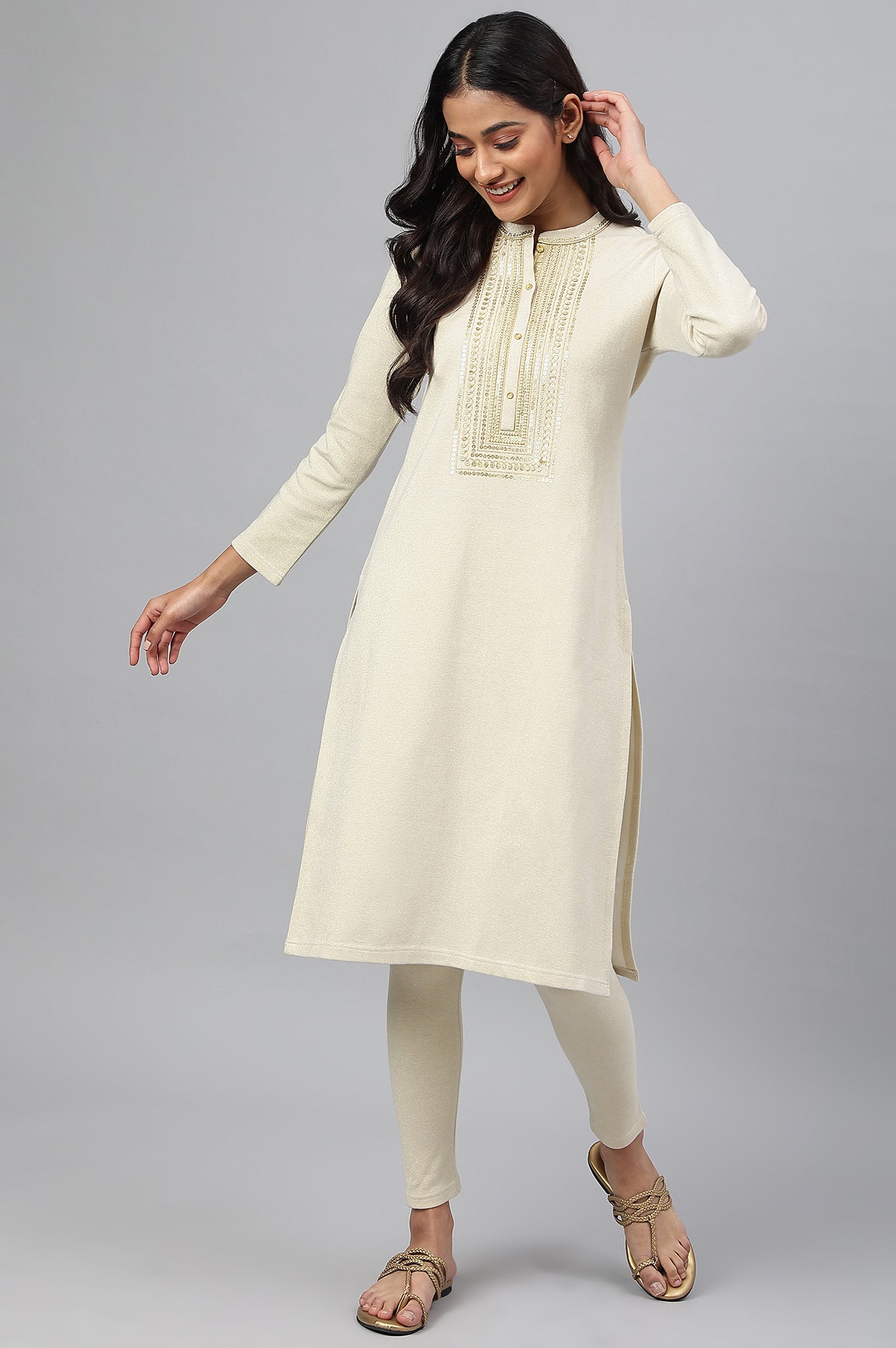 White Zari Embroidered Winter kurta