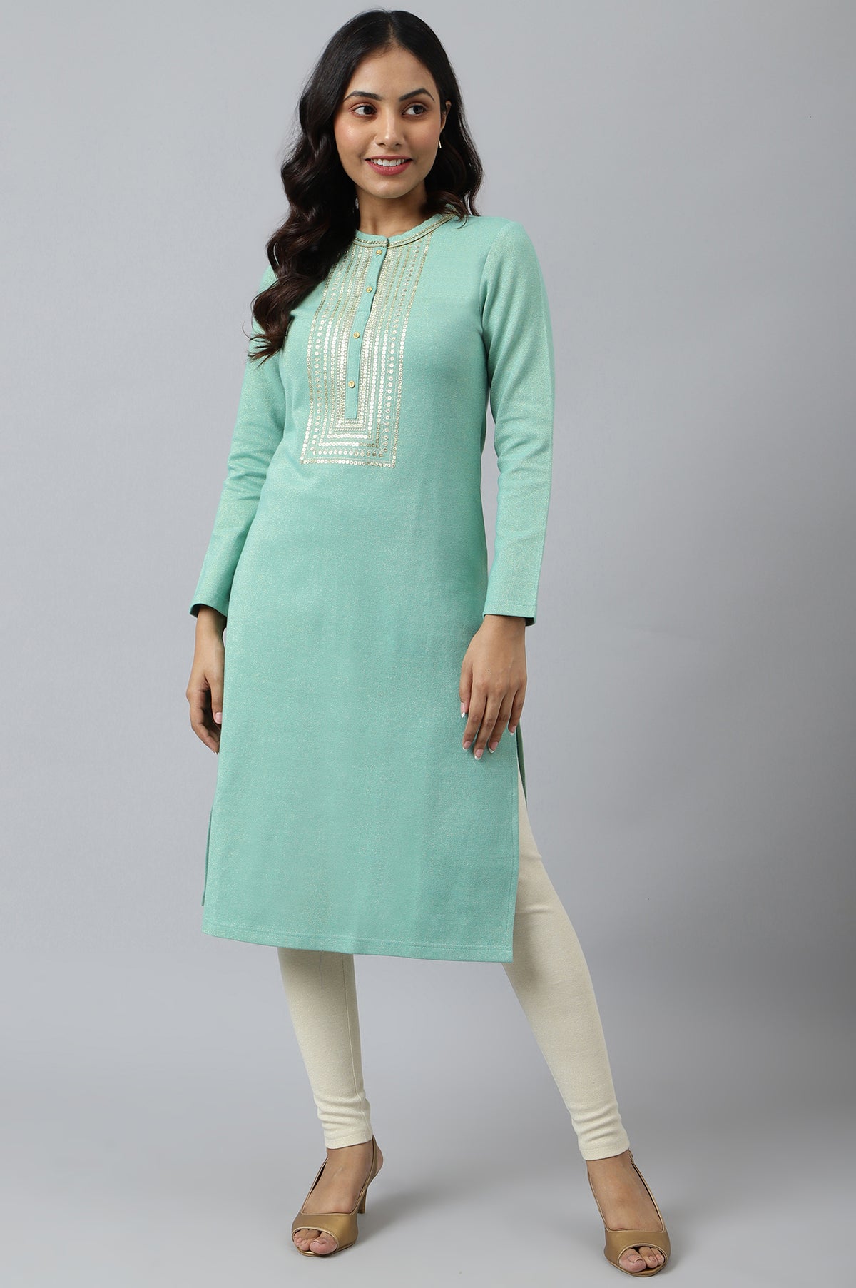 Green Zari Embroidered Winter kurta - XS