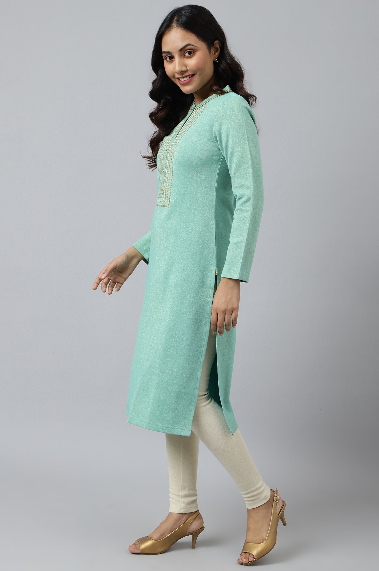 Green Zari Embroidered Winter kurta