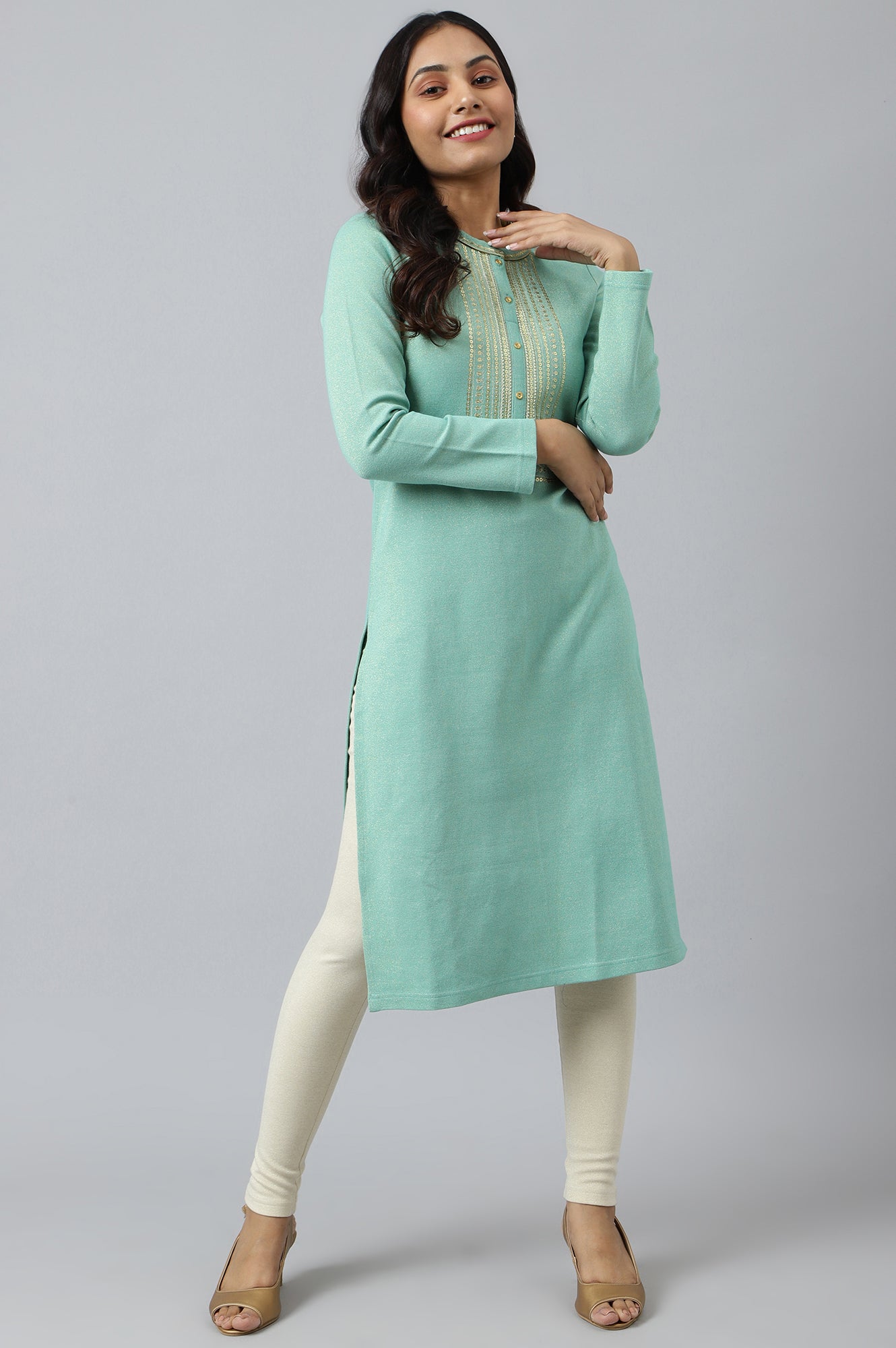 Green Zari Embroidered Winter kurta