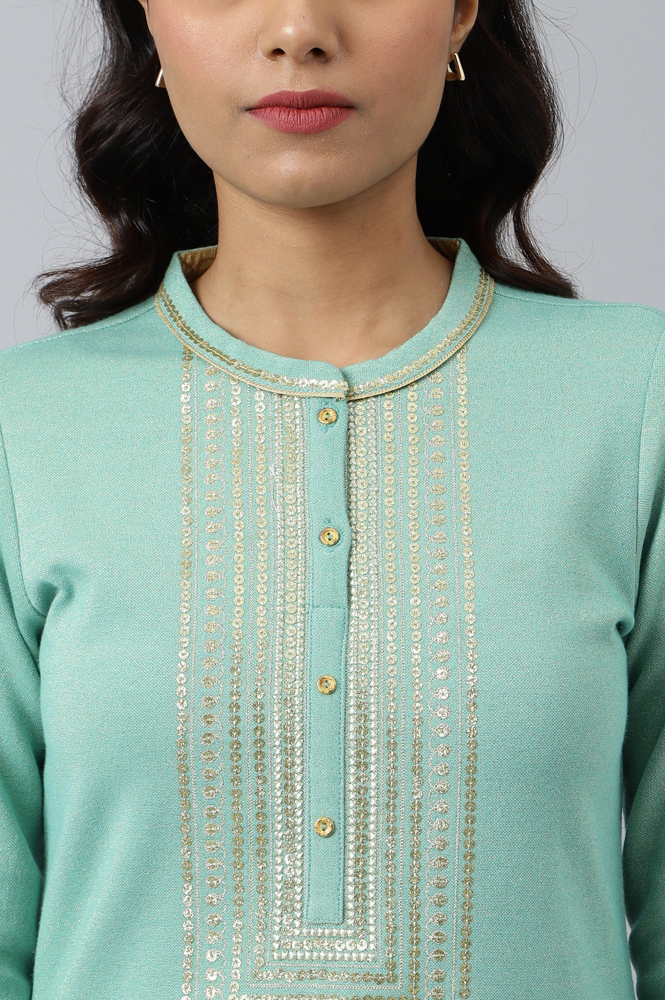 Green Zari Embroidered Winter kurta