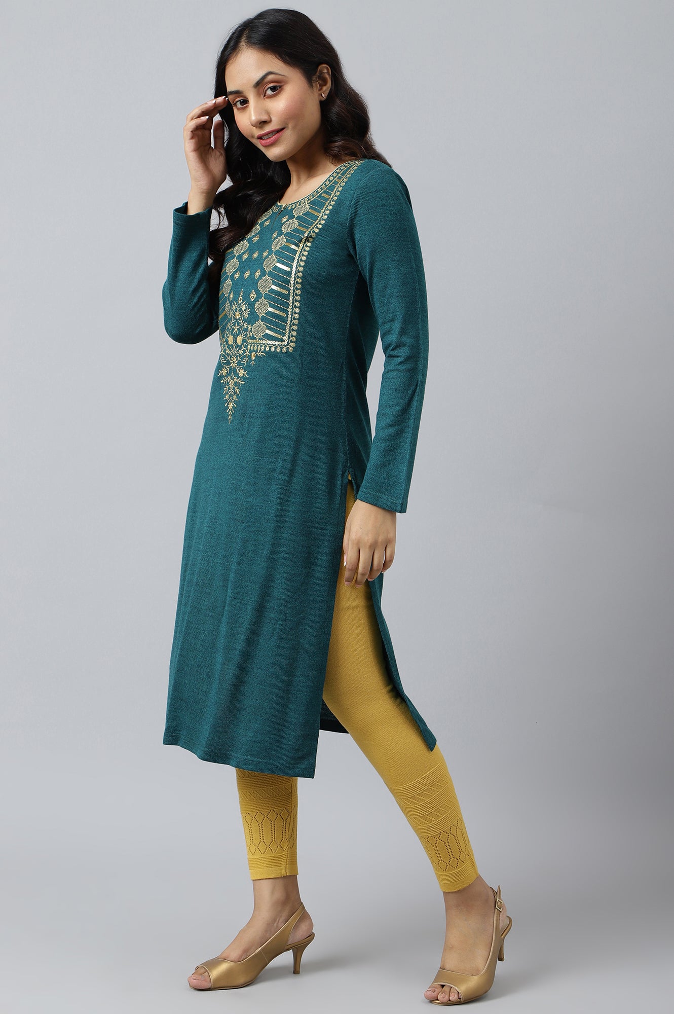 Teal Zari Embroidered Winter Plus Size kurta