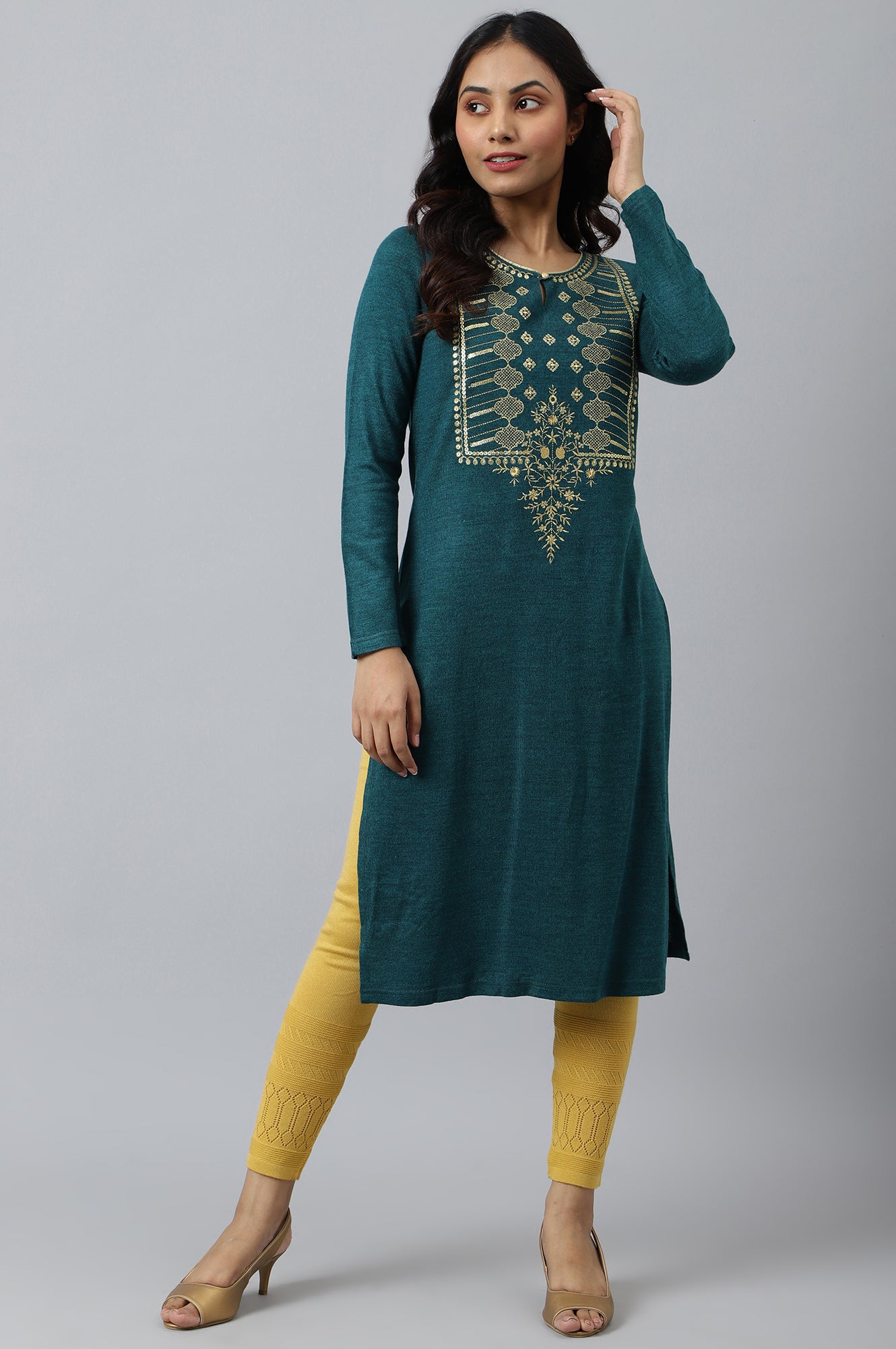 Teal Zari Embroidered Winter Plus Size kurta