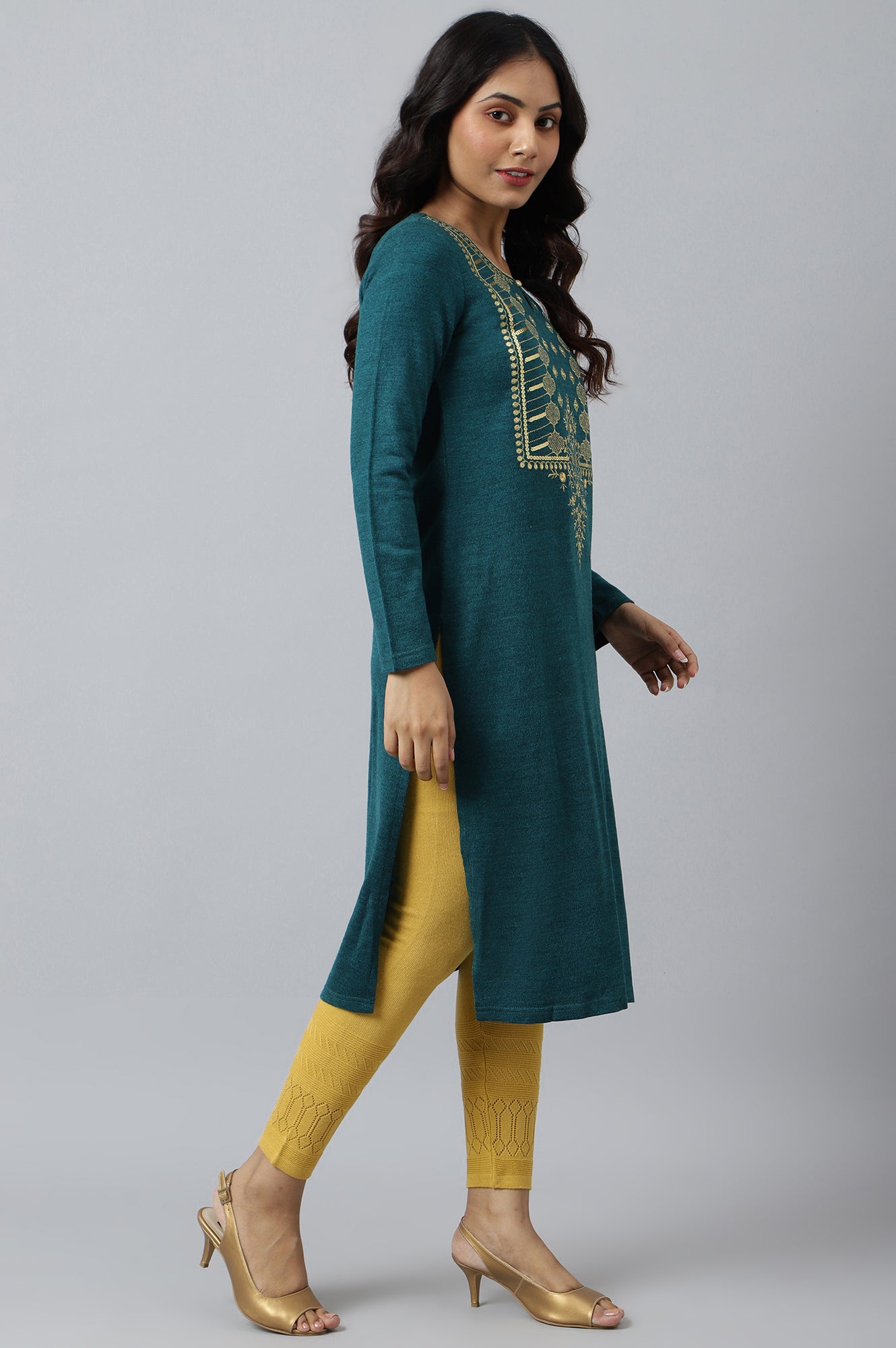 Teal Zari Embroidered Winter Plus Size kurta